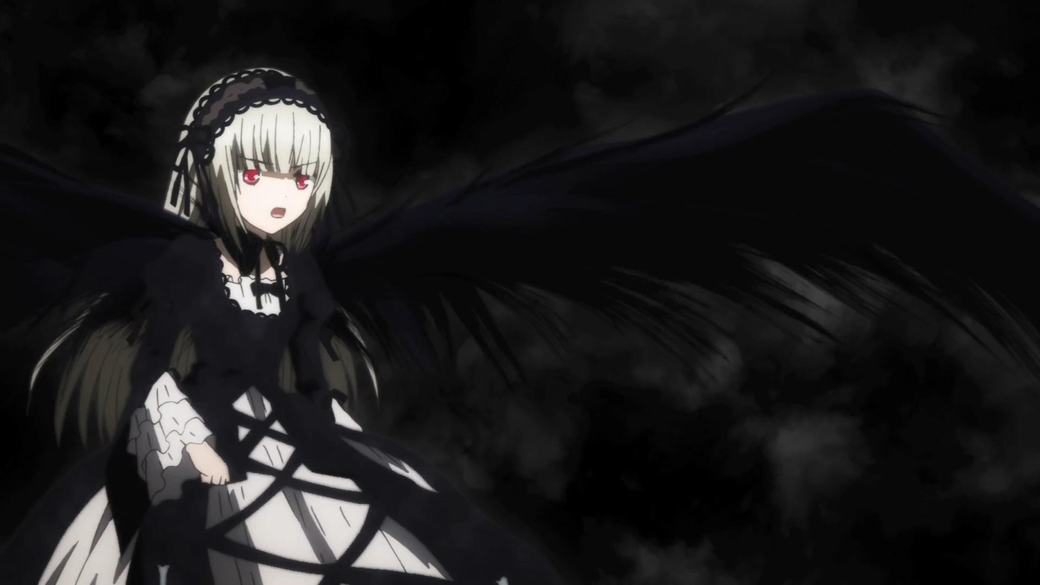 1girl bangs black_background black_dress black_ribbon black_wings dress flower frills gothic_lolita hairband image lolita_fashion long_hair long_sleeves looking_at_viewer open_mouth red_eyes ribbon rose solo suigintou very_long_hair wings