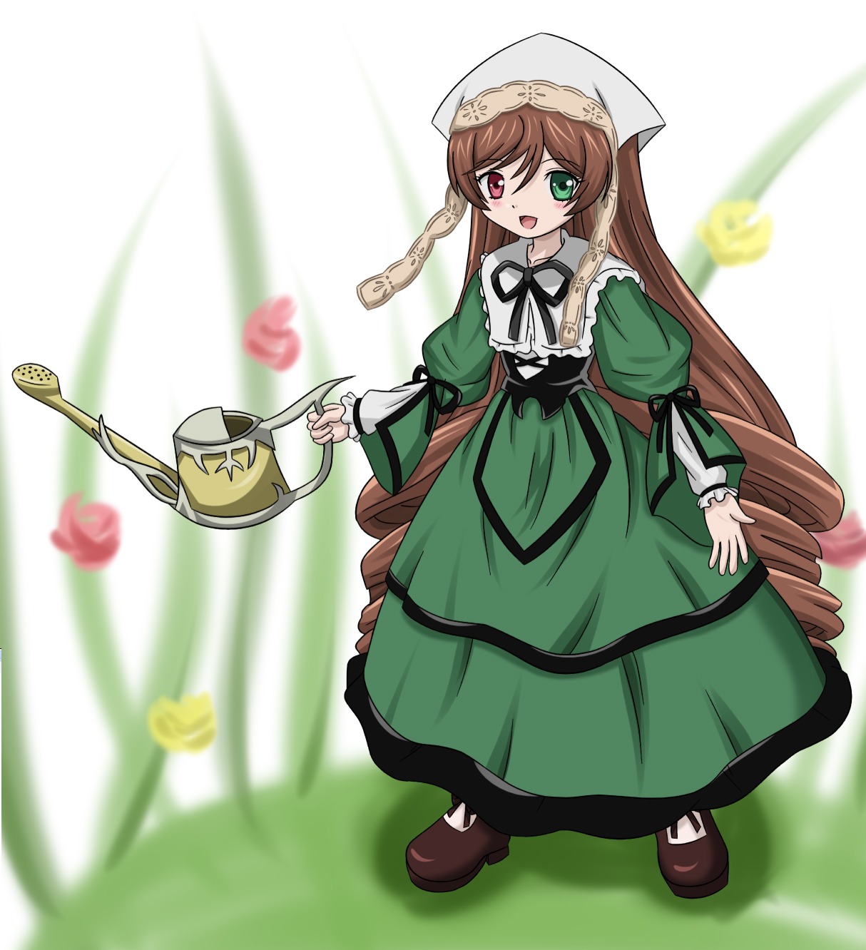 1girl :d blurry blurry_foreground brown_hair depth_of_field dress drill_hair flower full_body green_dress green_eyes heterochromia image long_hair long_sleeves looking_at_viewer open_mouth pantyhose red_eyes shoes smile solo suiseiseki twin_drills very_long_hair watering_can