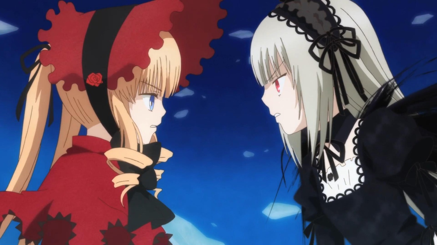 2girls black_wings blonde_hair blue_eyes bonnet dress drill_hair eye_contact face-to-face flower hairband image lolita_hairband long_hair long_sleeves looking_at_another multiple_girls pair red_eyes rose shinku silver_hair suigintou yuri