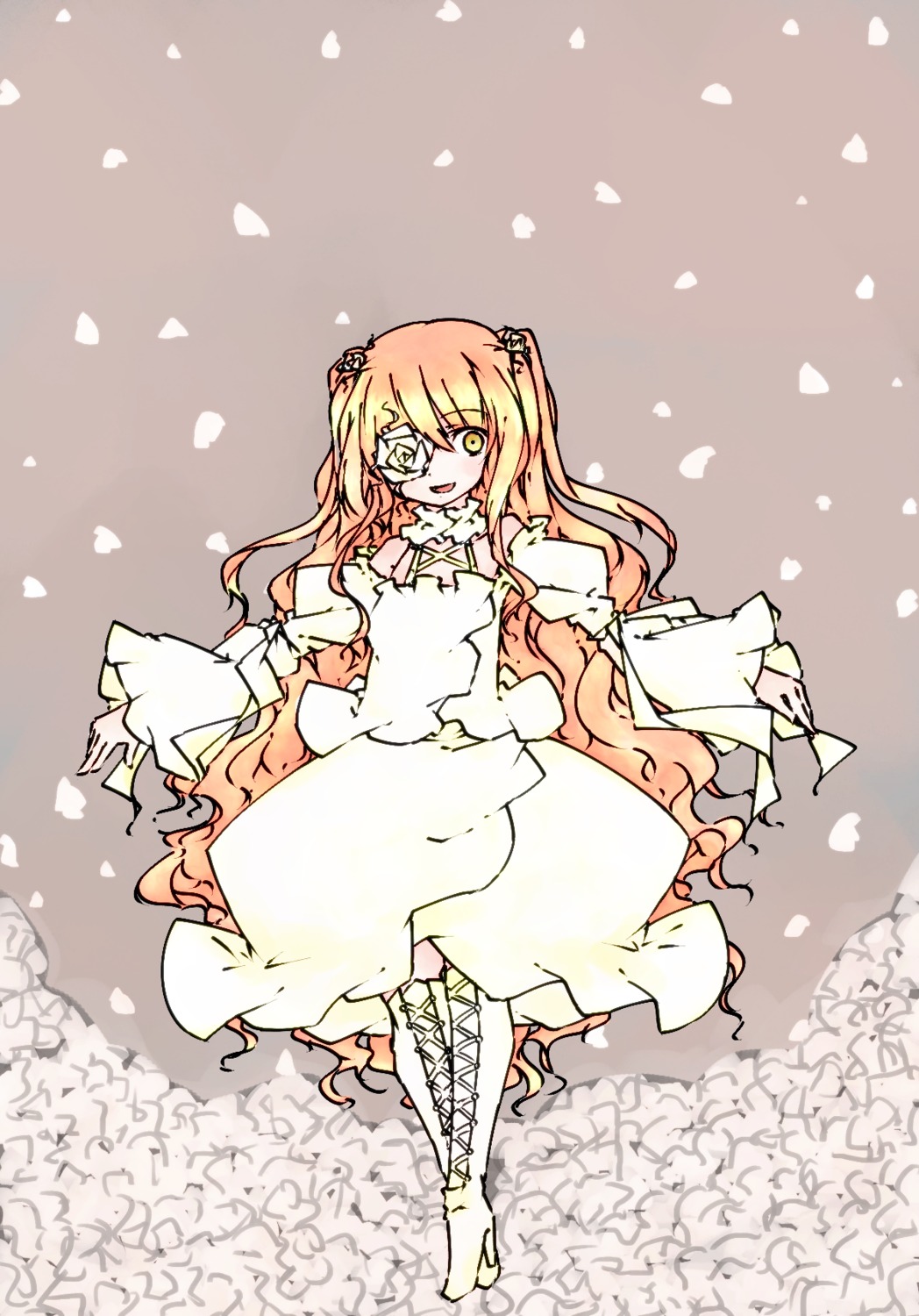 1girl blonde_hair boots cross-laced_footwear dress flower image kirakishou lace-up_boots long_hair long_sleeves petals smile solo two_side_up white_dress wide_sleeves yellow_eyes