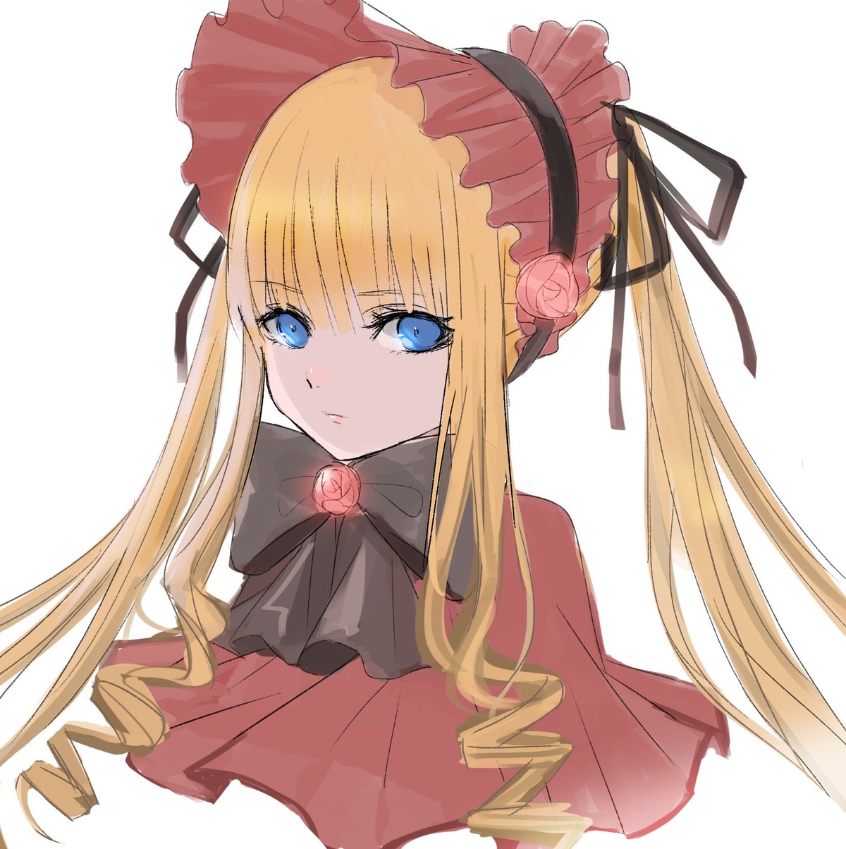 1girl bangs black_ribbon blonde_hair blue_eyes bonnet bow bowtie capelet closed_mouth drill_hair flower hair_ribbon image long_hair looking_at_viewer pink_flower pink_rose red_capelet red_flower red_rose ribbon ringlets rose shinku sidelocks simple_background solo twin_drills twintails upper_body white_background