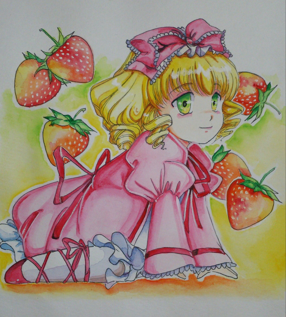 1girl apple blonde_hair bow cherry dress drill_hair food frills fruit grapes green_eyes hina_ichigo hinaichigo image leaf looking_at_viewer object_namesake pink_bow ribbon smile solo strawberry tomato traditional_media watermelon