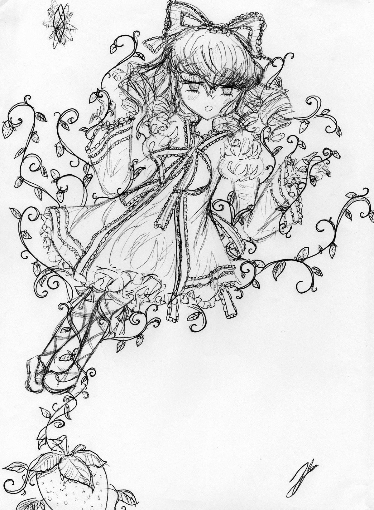 1girl bow bug butterfly dated full_body greyscale hair_bow hakurei_reimu hinaichigo image insect long_hair long_sleeves monochrome signature solo traditional_media