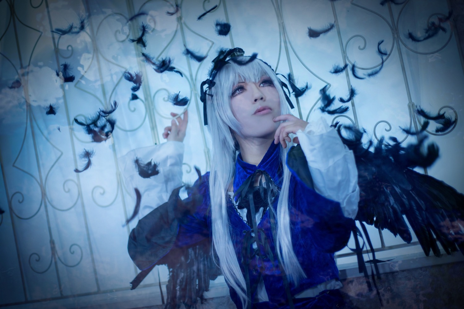 1girl bangs bird closed_mouth feathers flower lips long_hair ribbon solo suigintou upper_body white_hair wings