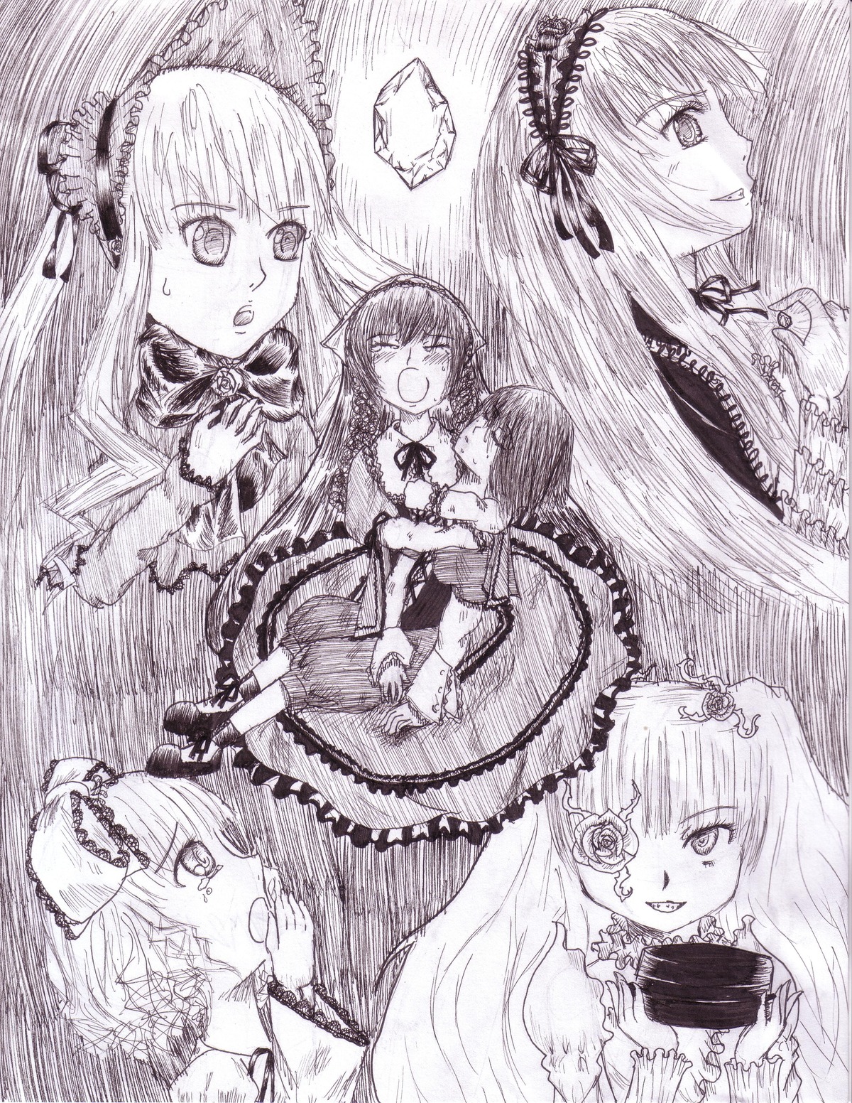 2girls blush dress frills greyscale hairband image long_hair long_sleeves looking_at_viewer monochrome multiple multiple_girls open_mouth rose shinku suigintou suiseiseki tagme wings