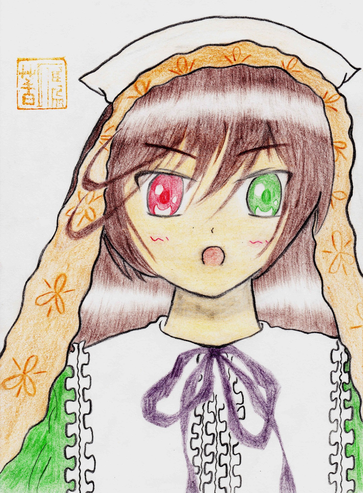 1girl :o frills green_eyes hat heterochromia image looking_at_viewer open_mouth red_eyes short_hair solo suiseiseki traditional_media upper_body