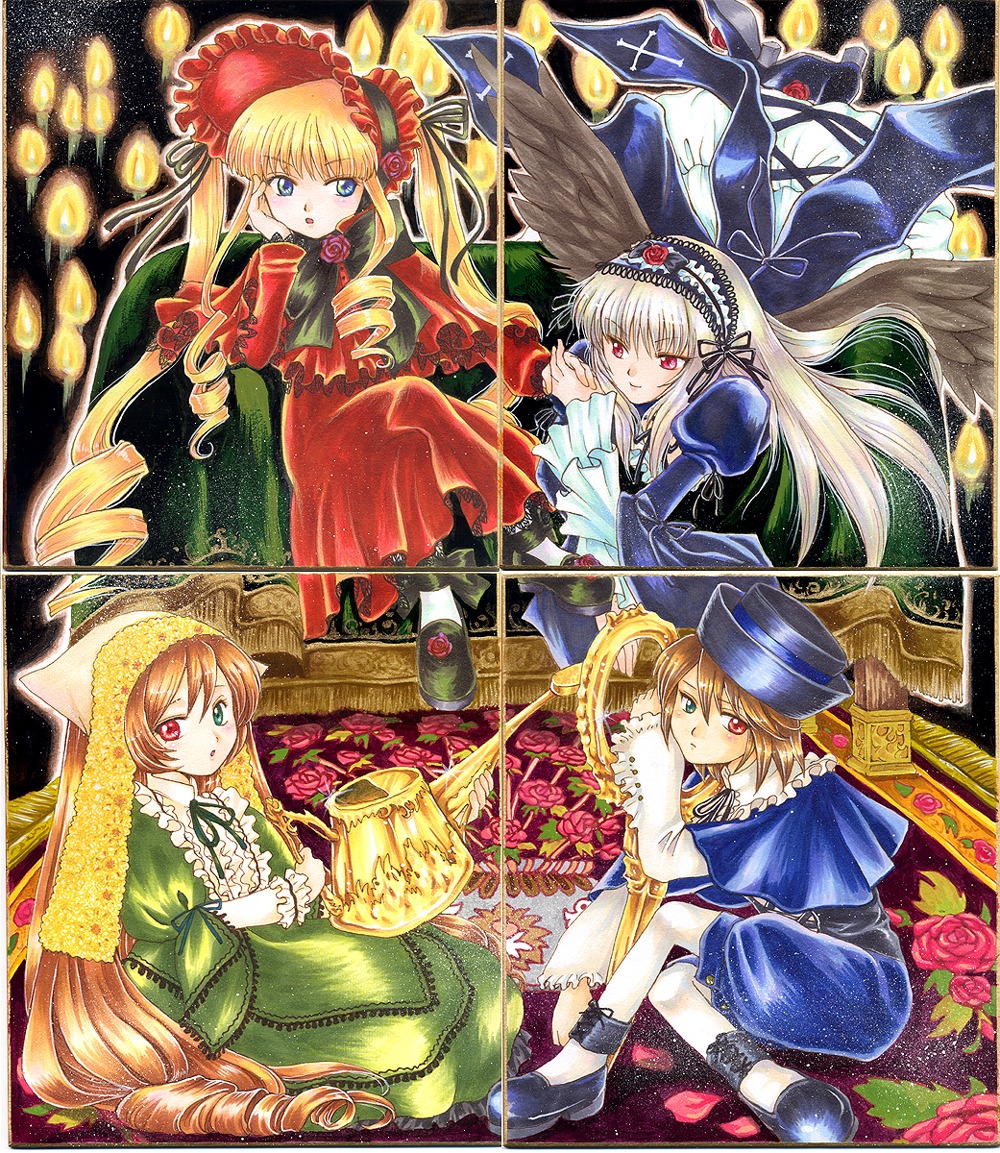 4girls bad_id bad_pixiv_id blonde_hair blue_dress blue_eyes bonnet bow brown_hair cane dress drill_hair flower frills green_dress green_neckwear hairband hat head_scarf heterochromia image long_hair long_sleeves looking_at_viewer multiple multiple_girls pemoko red_dress red_eyes rose rozen_maiden shinku siblings sisters smile souseiseki suigintou suiseiseki tagme top_hat traditional_media twin_drills twins twintails very_long_hair wings