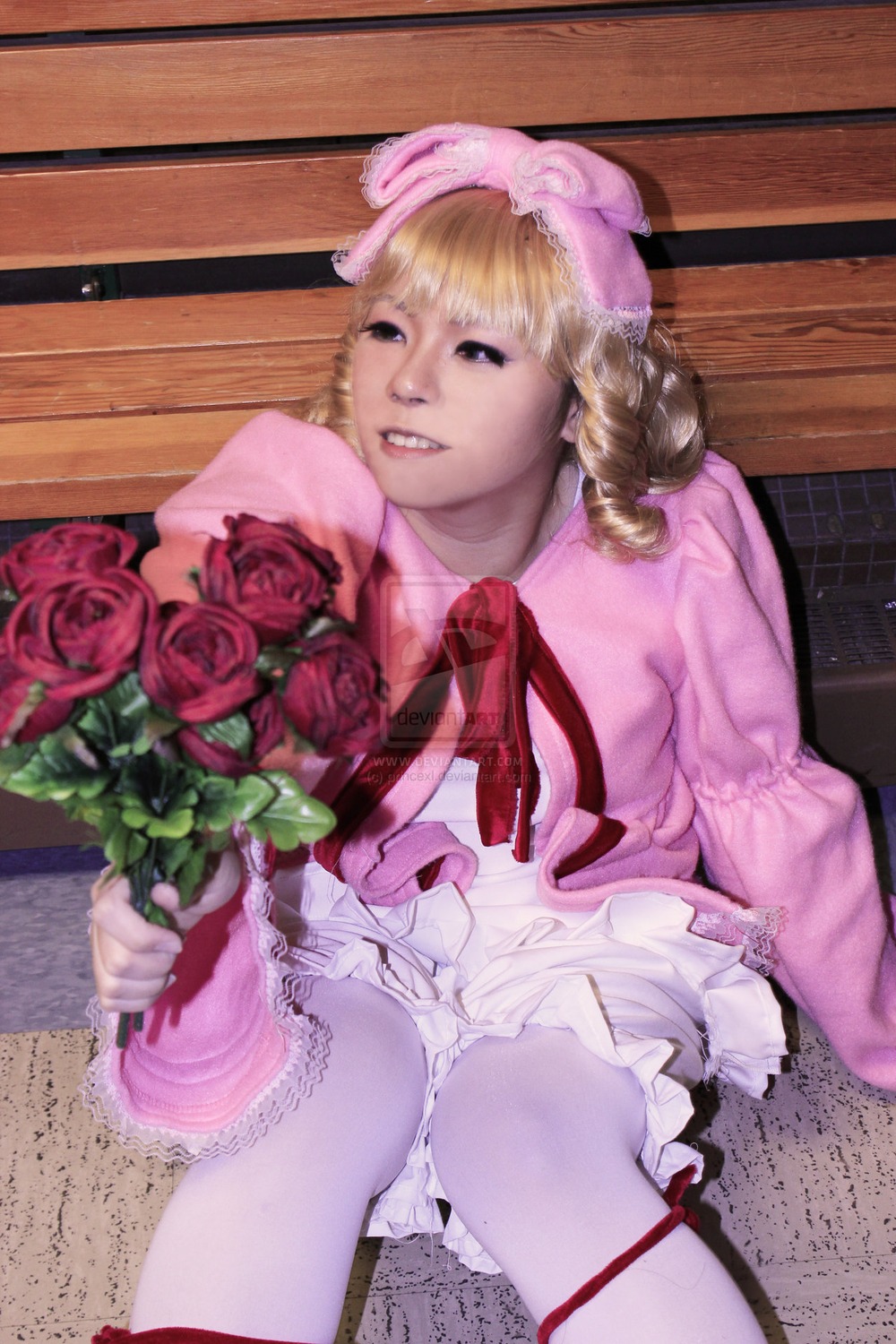 1girl blonde_hair bloomers bouquet dress flower hat hinaichigo pink_dress red_flower red_rose rose sitting solo underwear