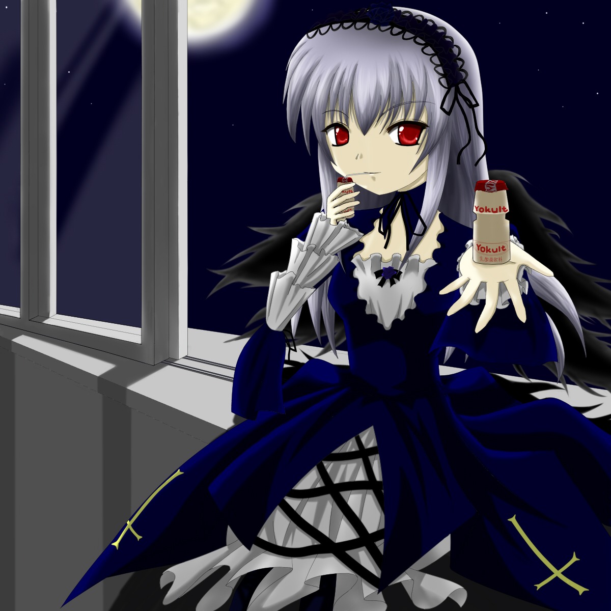 1girl dress flower frills full_moon hairband image lolita_hairband long_hair long_sleeves looking_at_viewer moon night night_sky red_eyes rose silver_hair sky solo star_(sky) starry_sky suigintou window wings