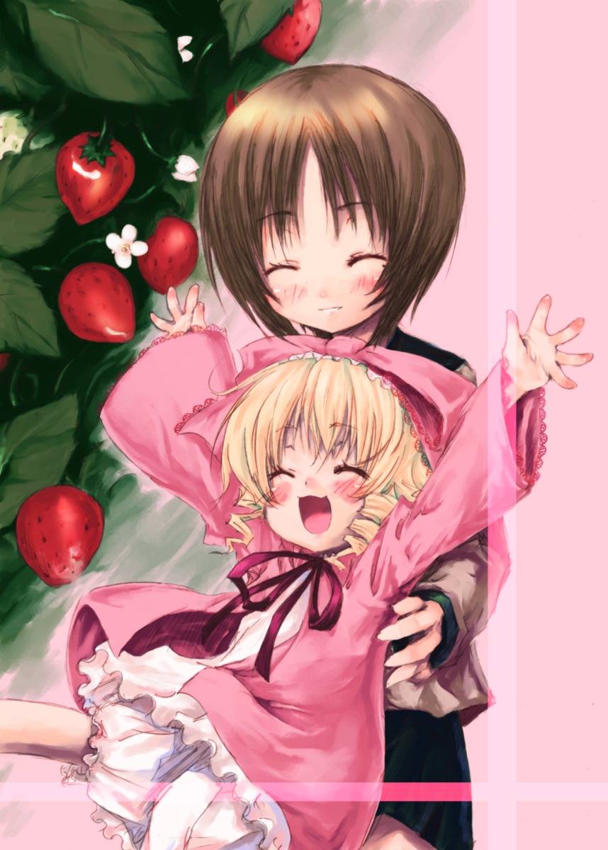 2girls apple blonde_hair bloomers blush brown_hair cherry closed_eyes dress food fruit grapes hina_ichigo hinaichigo holding_fruit image kashiwaba_tomoe long_sleeves multiple_girls open_mouth short_hair smile solo strawberry tomato underwear watermelon