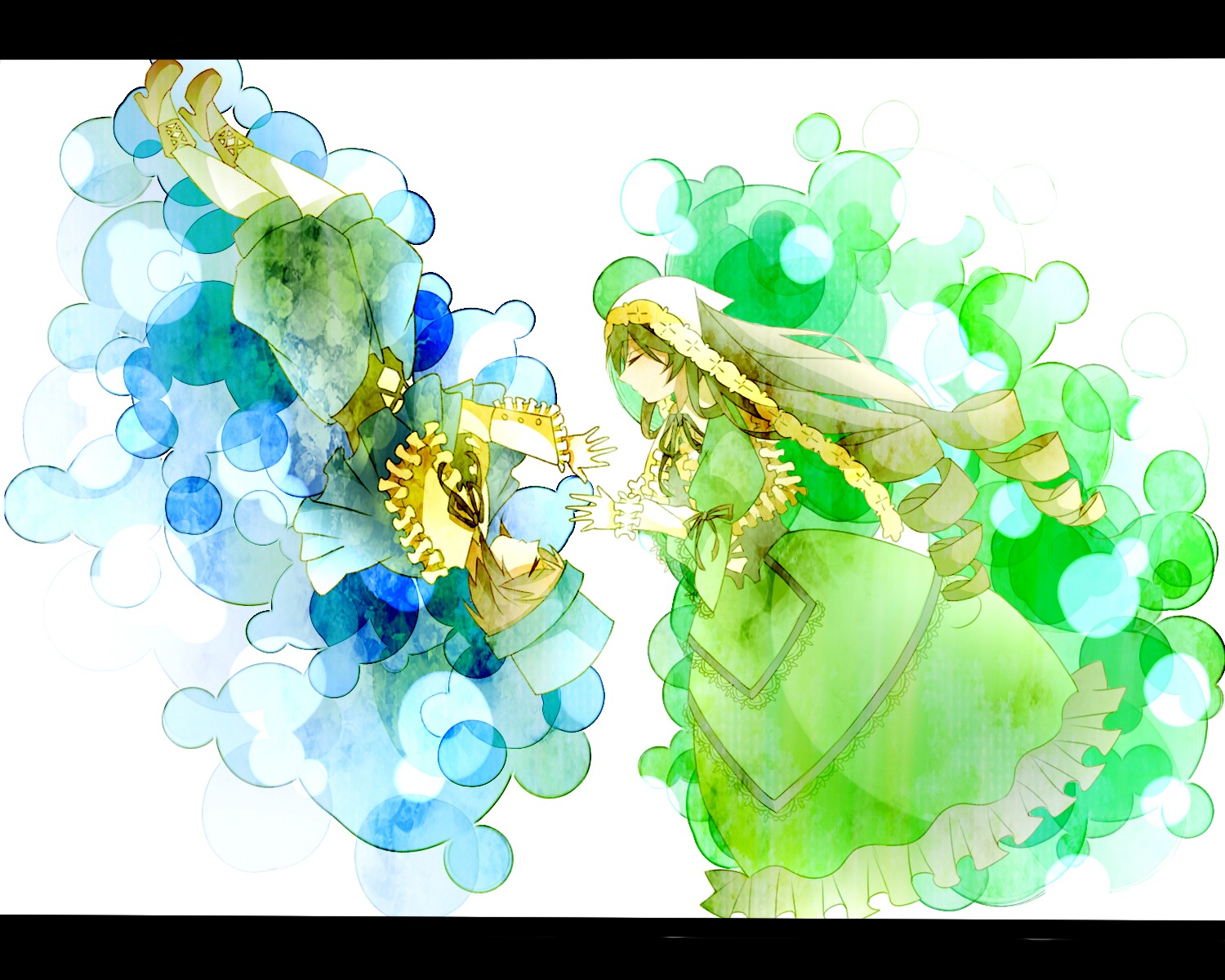 1girl blonde_hair closed_eyes cloud dress frills green_dress hat image letterboxed long_hair long_sleeves pair souseiseki suiseiseki very_long_hair wide_sleeves