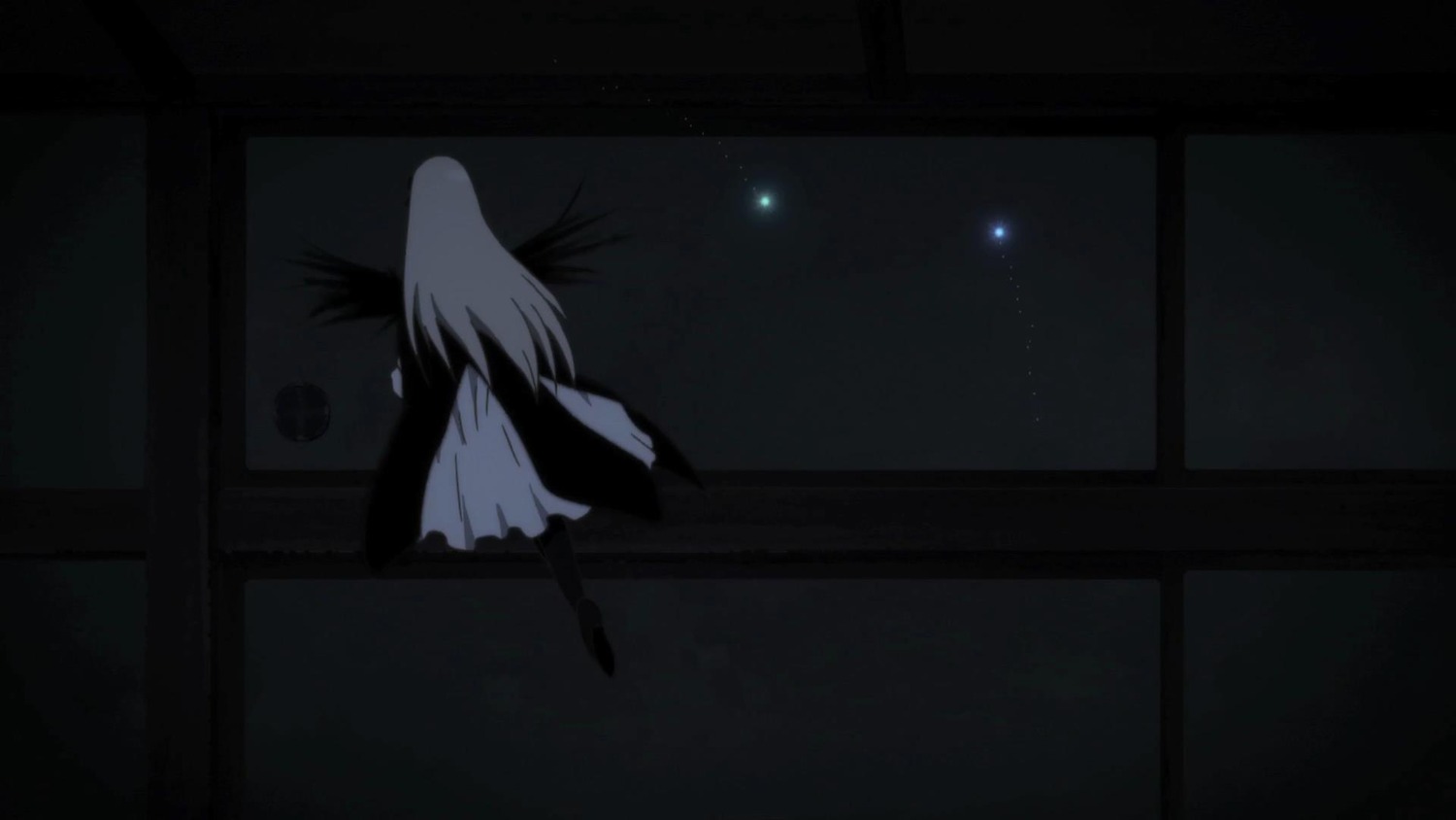 1girl dark dress image indoors long_hair night sky solo standing suigintou white_dress window wings