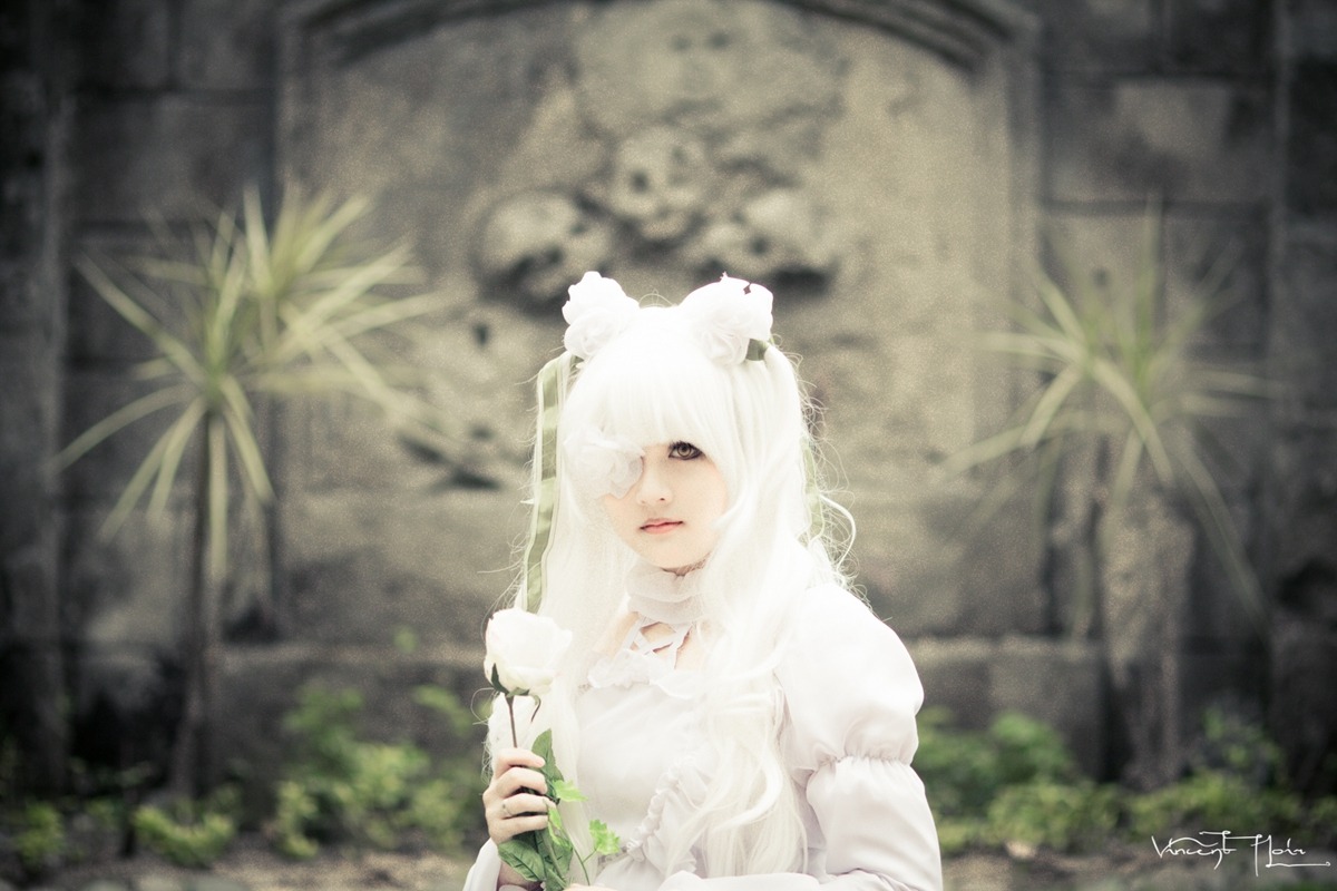 1girl animal_ears bangs blurry blurry_background depth_of_field dress holding kirakishou leaf long_hair long_sleeves outdoors plant signature solo upper_body white_dress white_hair