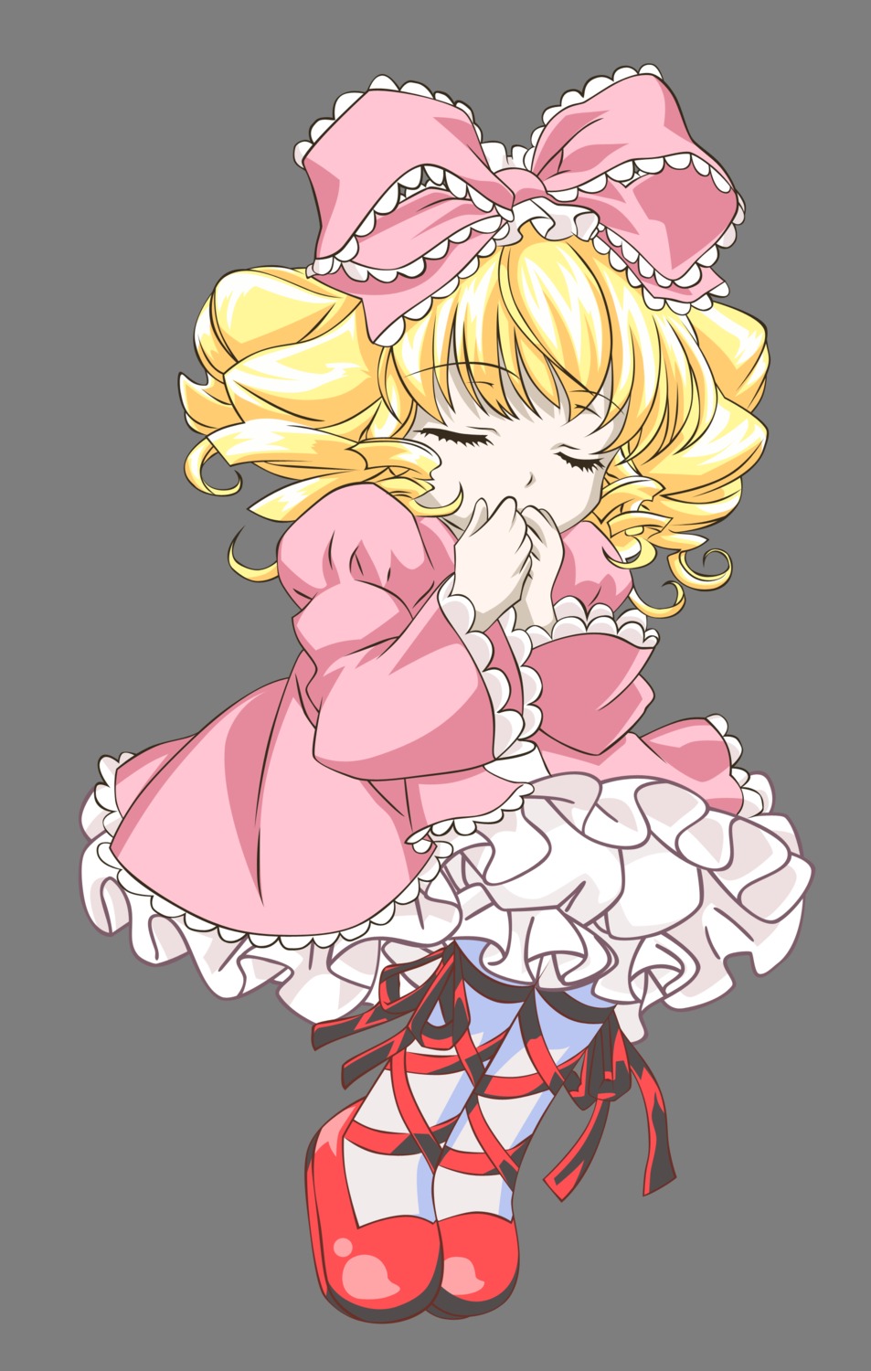 1girl blonde_hair bow closed_eyes dress drill_hair frills full_body hina_ichigo hinaichigo image long_sleeves pink_bow ribbon shoes solo tears transparent_background