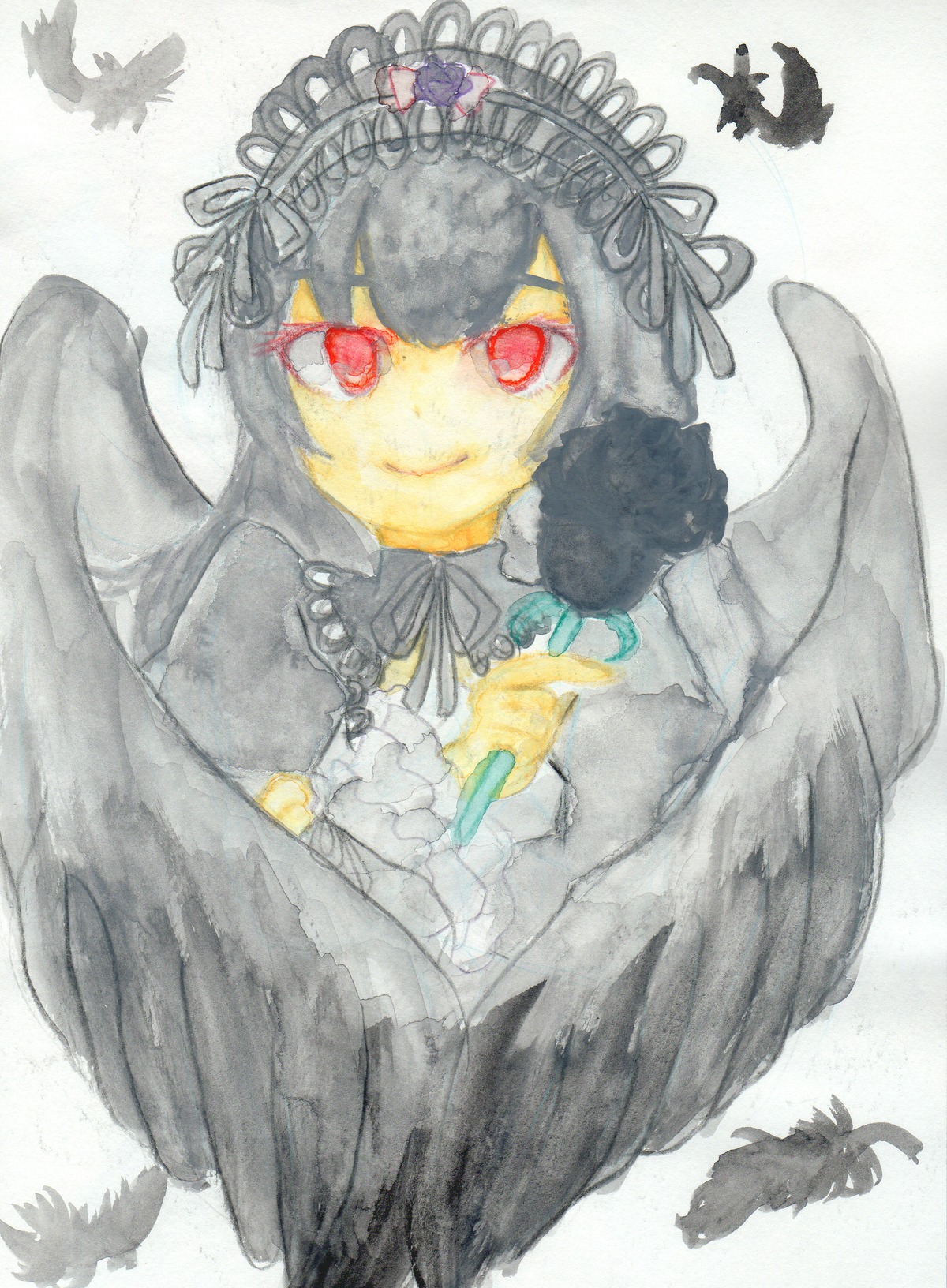 1girl animal bird bird_on_hand bird_on_head black_feathers black_wings crow dove dress feathered_wings feathers food image long_hair looking_at_viewer owl red_eyes ribbon seagull smile solo suigintou traditional_media wings