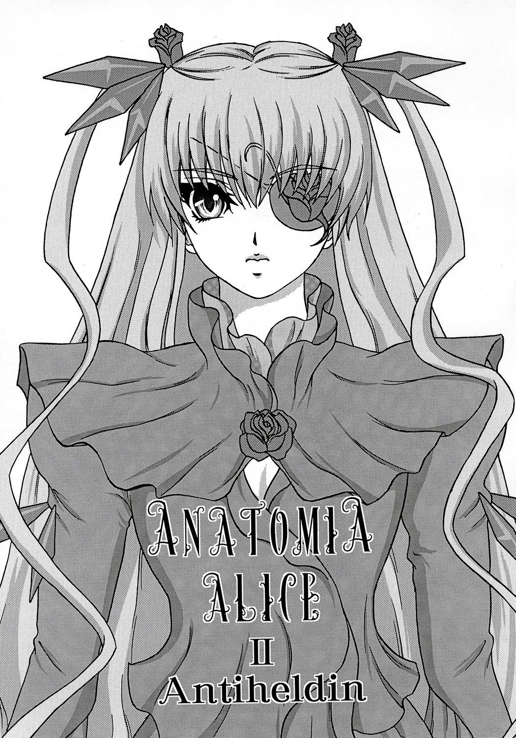 1girl barasuishou capelet dress eyepatch greyscale hair_ribbon image long_hair monochrome ribbon rose solo twintails two_side_up