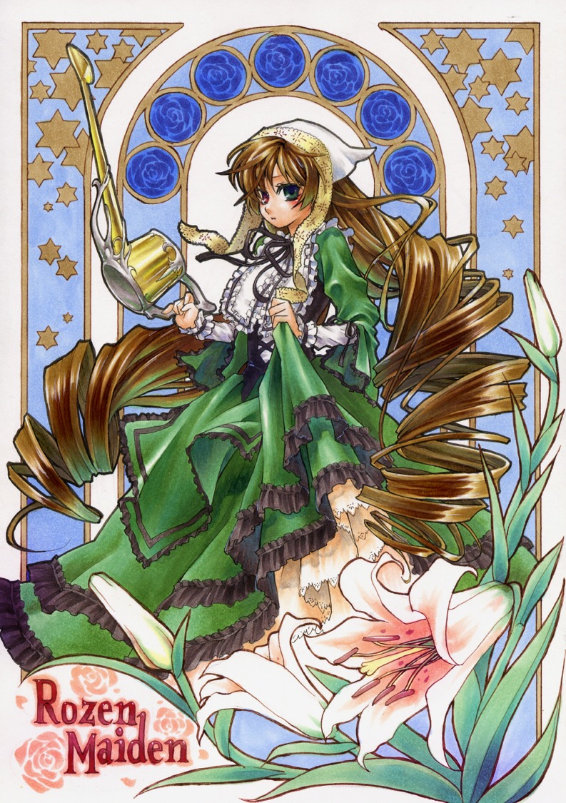 1girl art_nouveau blonde_hair blue_eyes brown_hair commentary_request copyright_name cup dress drill_hair flower frills full_body green_dress green_eyes head_scarf heterochromia hitec image lily_(flower) long_dress long_hair long_sleeves looking_at_viewer marker_(medium) red_eyes ringlets rozen_maiden solo star_(symbol) suiseiseki twin_drills twintails very_long_hair watering_can window