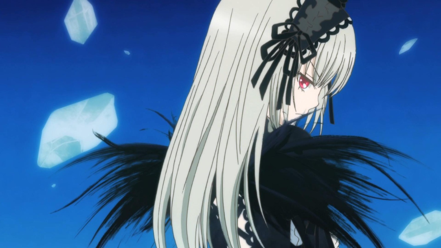 1girl bangs black_ribbon black_wings closed_mouth dress flower frills hairband image long_hair long_sleeves looking_at_viewer looking_back outdoors red_eyes ribbon silver_hair sky solo suigintou wings