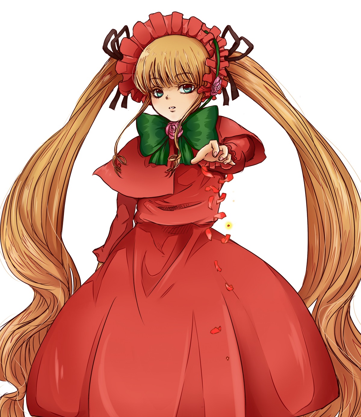 1girl absurdly_long_hair blonde_hair blue_eyes bonnet bow bowtie capelet dress flower green_bow image long_hair long_sleeves looking_at_viewer red_dress rose shinku simple_background solo twintails very_long_hair white_background