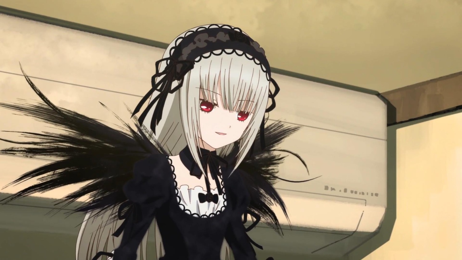 1girl auto_tagged black_dress black_wings dress frills hairband image long_hair long_sleeves looking_at_viewer red_eyes ribbon silver_hair smile solo suigintou wings