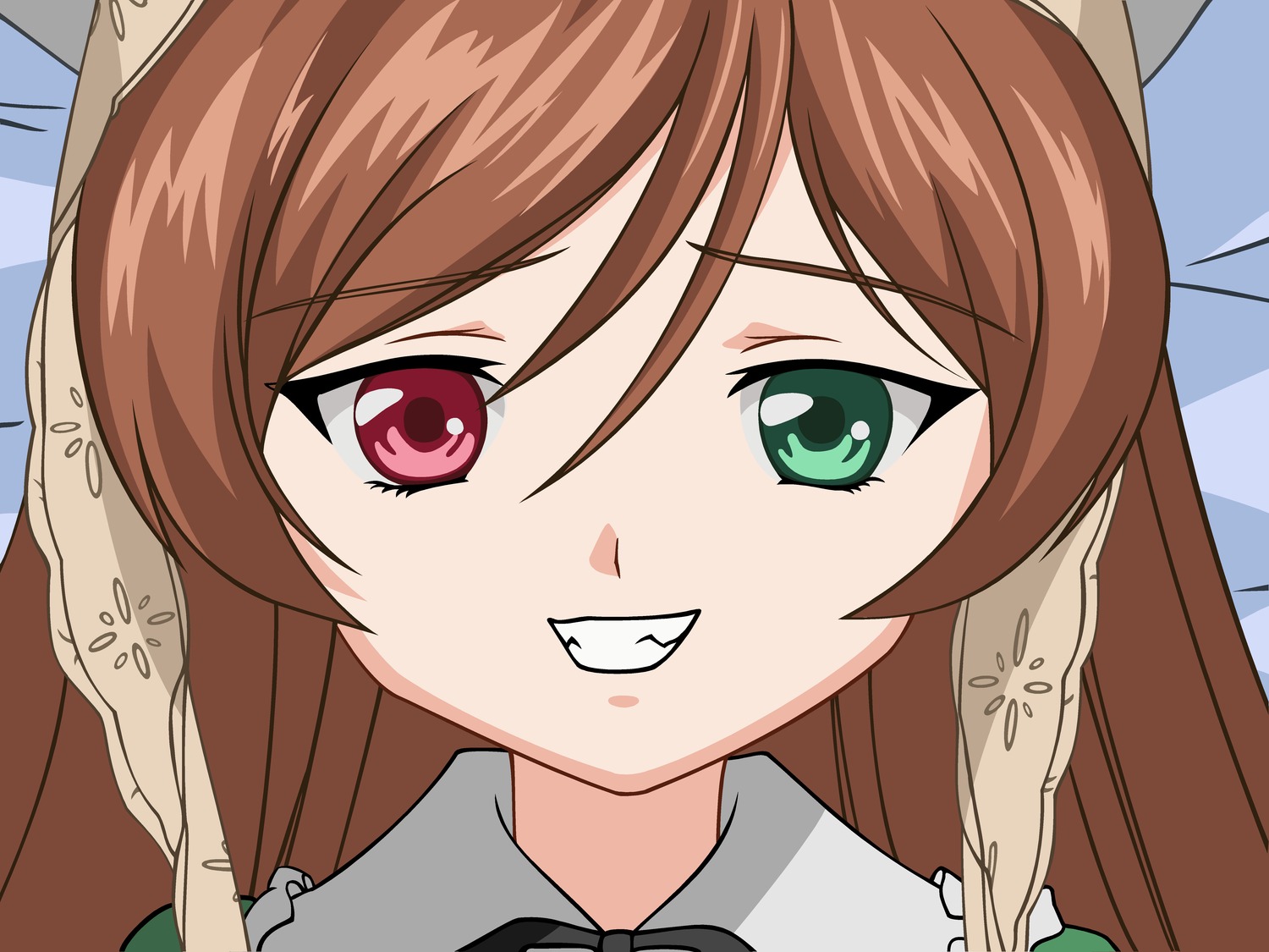 1girl bangs brown_hair eyebrows_visible_through_hair green_eyes grin heterochromia highres image long_hair looking_at_viewer non-web_source portrait ribbon rozen_maiden screencap smile solo suiseiseki vector_trace