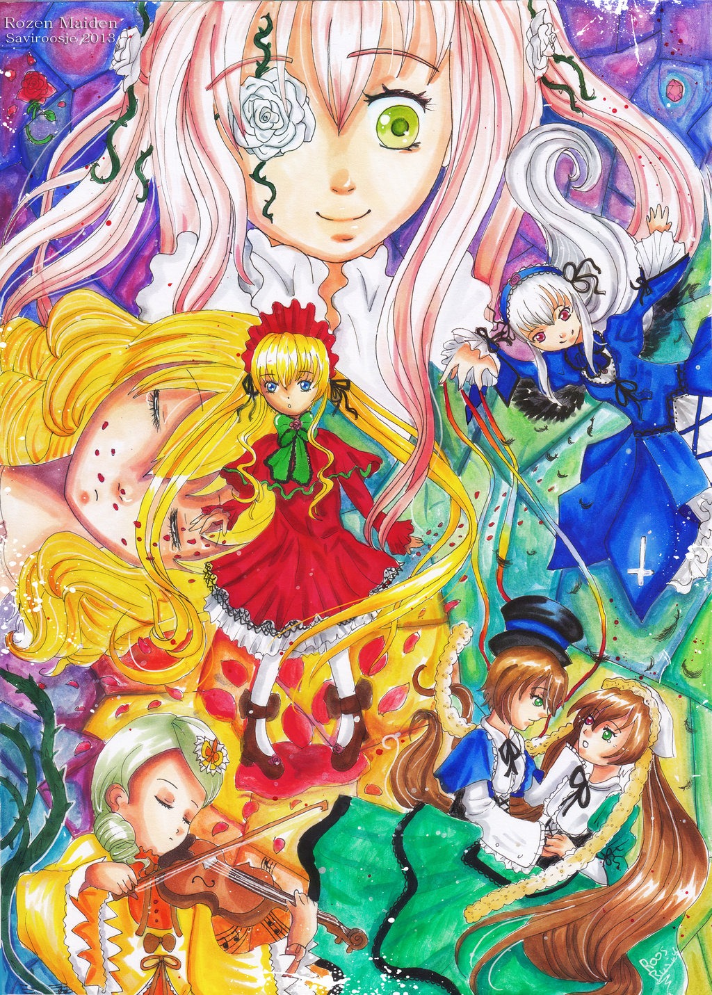 6+girls blonde_hair blue_dress blue_eyes bow brown_hair closed_eyes dress drill_hair eyepatch flower green_dress green_eyes hairband hat hina_ichigo image instrument kanaria long_hair long_sleeves looking_at_viewer multiple multiple_girls music musical_note red_dress rose shinku short_hair siblings sisters smile souseiseki suigintou suiseiseki tagme twins twintails very_long_hair violin wings