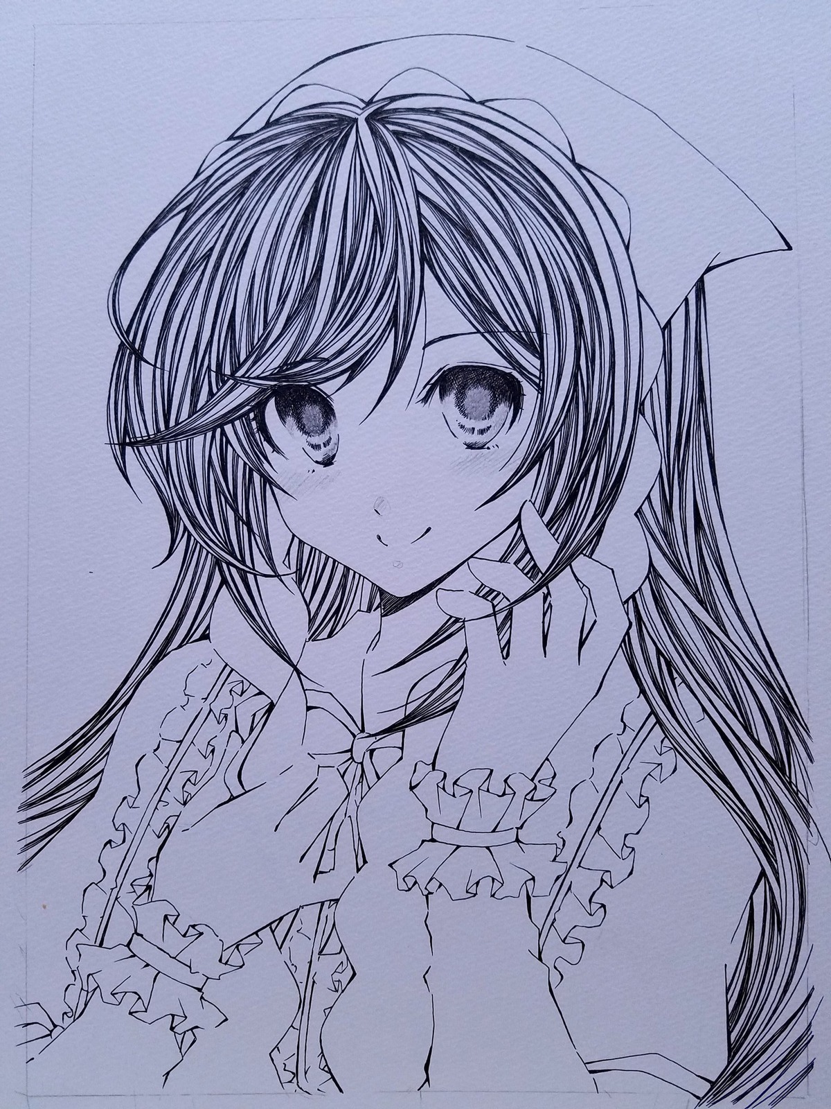 1girl bow closed_mouth eyebrows_visible_through_hair graphite_(medium) long_hair long_sleeves looking_at_viewer monochrome smile solo traditional_media upper_body