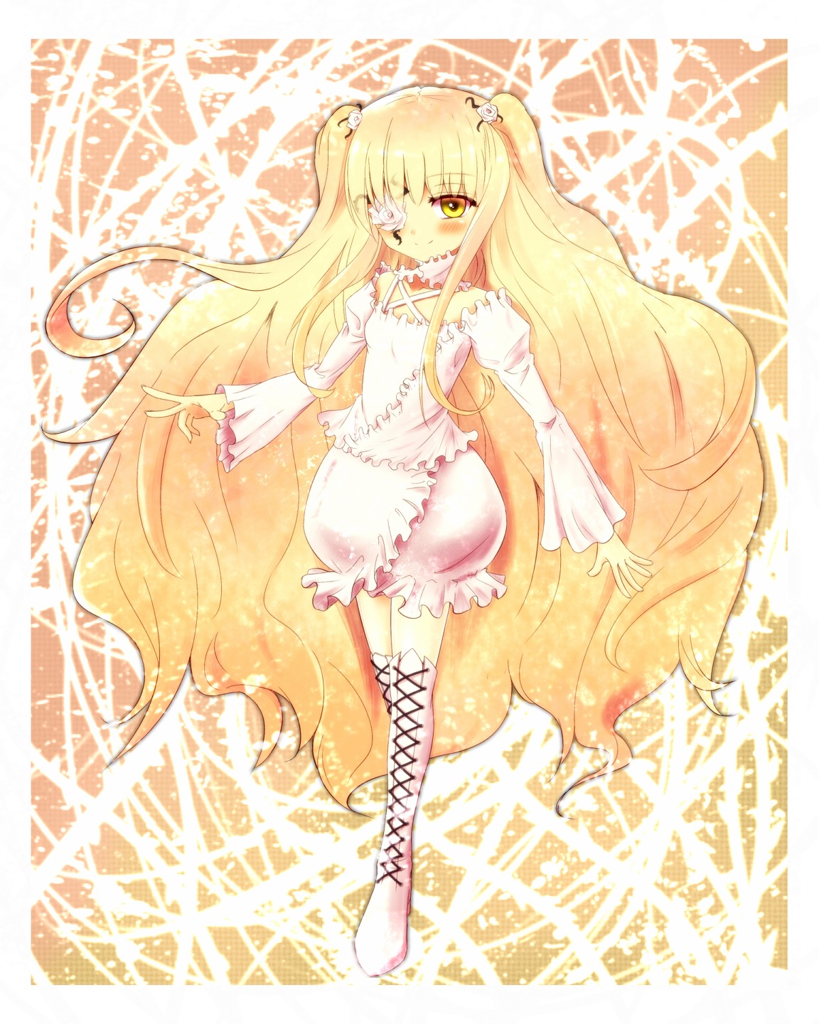 1girl auto_tagged blonde_hair bloomers boots cross-laced_footwear dress frills hair_ornament image kirakishou knee_boots long_hair one_eye_closed solo two_side_up very_long_hair yellow_eyes