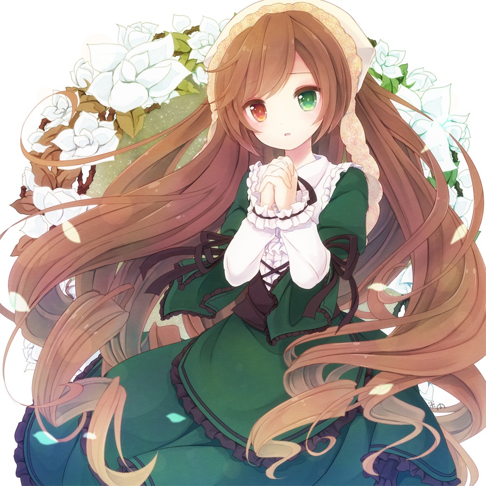 1girl bad_id bad_pixiv_id bangs black_ribbon blush brown_hair commentary_request dress drill_hair eyebrows_visible_through_hair flower frilled_dress frilled_sleeves frills green_dress green_eyes hands_clasped hat head_scarf heterochromia image interlocked_fingers layered_dress layered_sleeves lolita_fashion long_hair long_sleeves looking_at_viewer own_hands_clasped own_hands_together parted_lips petals photoshop_(medium) red_eyes revision ribbon rozen_maiden simple_background solo suiseiseki swept_bangs very_long_hair white_background white_flower yonema