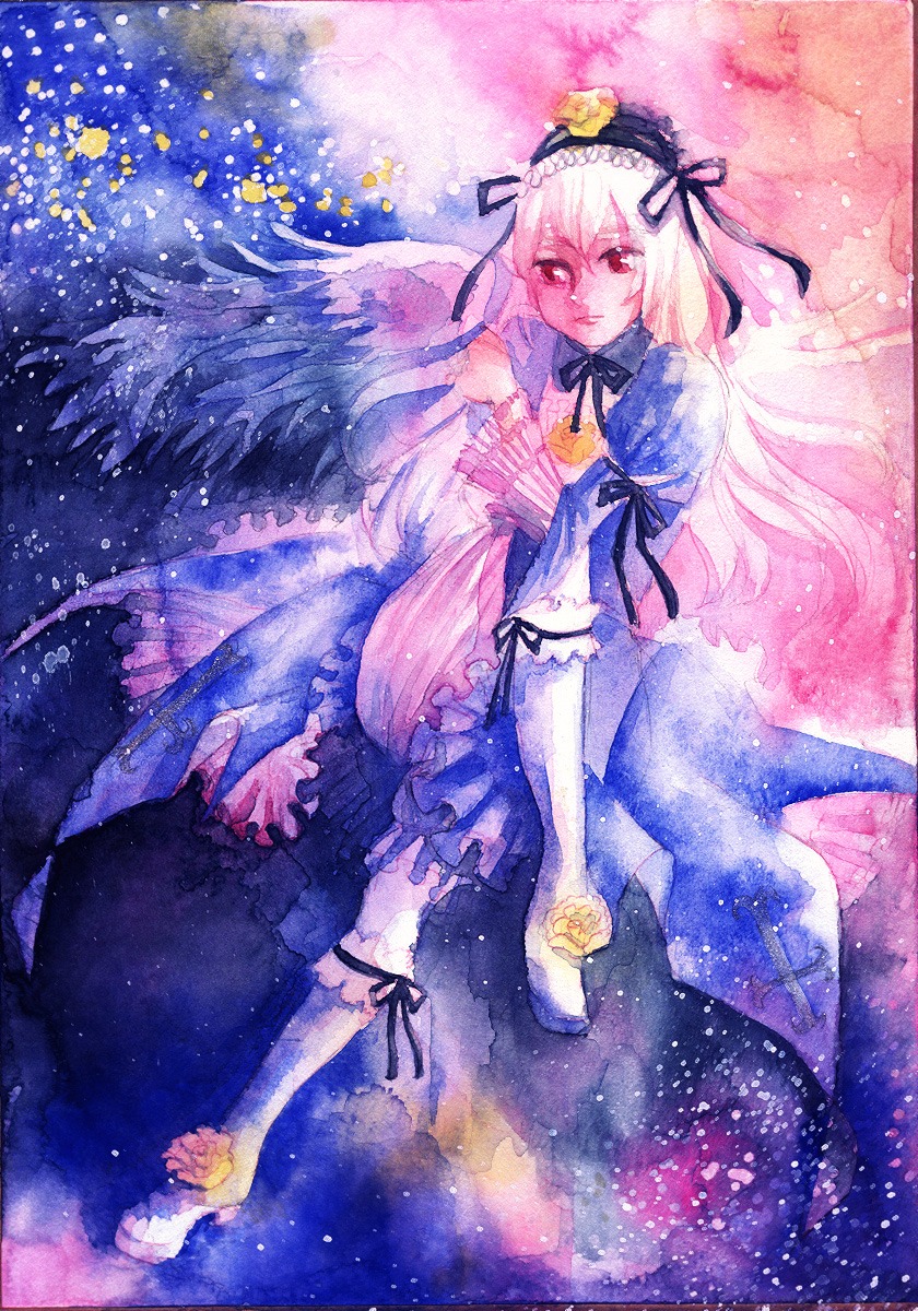 1girl blonde_hair doll_joints dress flower frills hairband image joints lolita_hairband long_hair red_eyes ribbon solo star_(sky) starry_sky suigintou traditional_media watercolor_(medium) wings