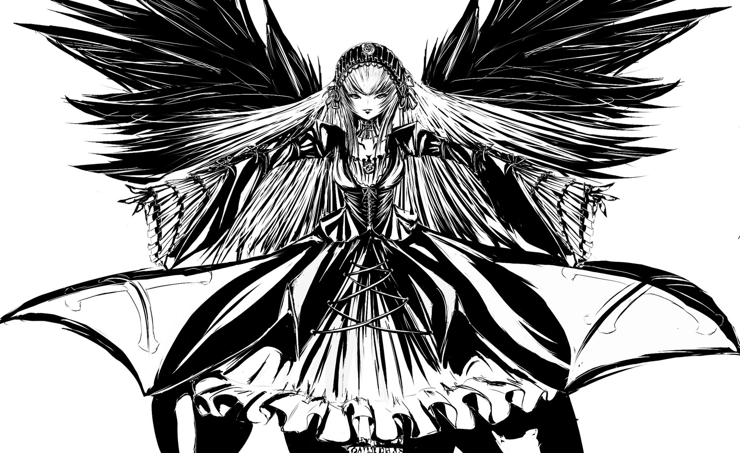 1girl black_wings dress feathered_wings frills greyscale image long_hair long_sleeves looking_at_viewer monochrome solo suigintou white_background wings