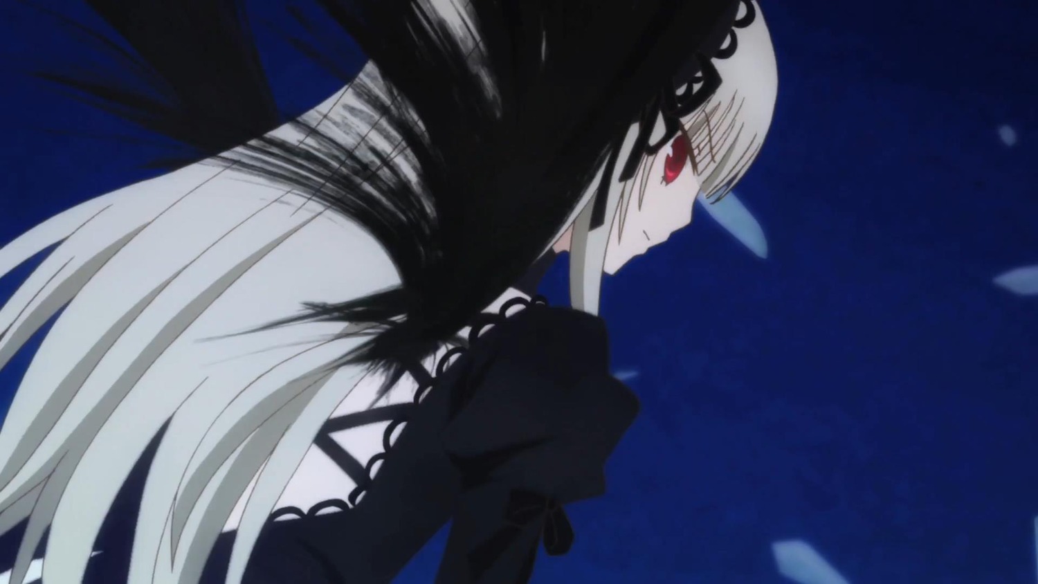 1girl bangs black_dress closed_mouth dress frills hairband image juliet_sleeves long_hair long_sleeves looking_at_viewer looking_back profile red_eyes silver_hair solo suigintou upper_body very_long_hair wings