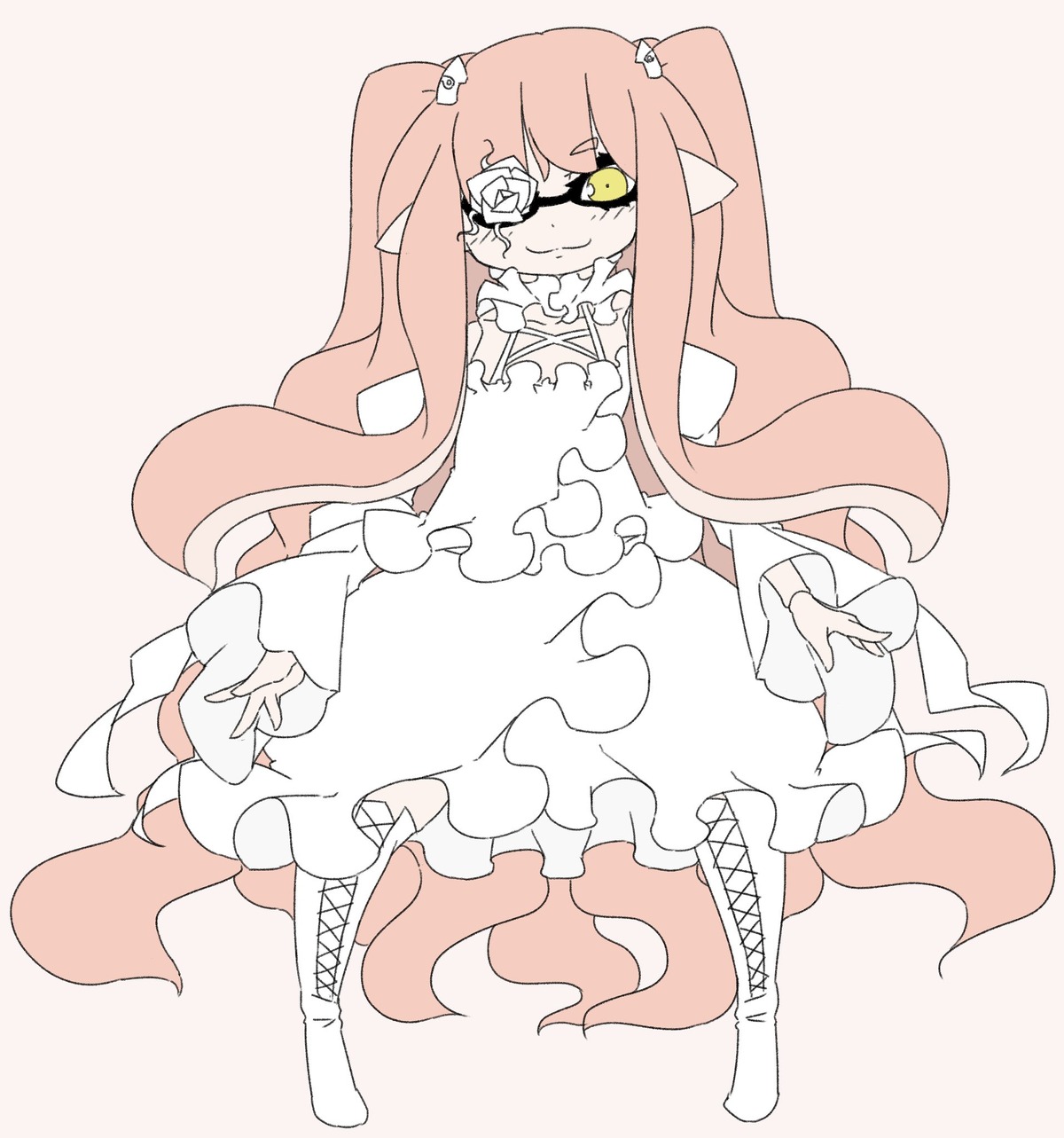 1girl bangs boots cross-laced_footwear domino_mask dress flower full_body hair_flower hair_ornament image inkling kirakishou knee_boots lace-up_boots long_hair long_sleeves mask pink_hair pointy_ears smile solo striped tentacle_hair white_footwear