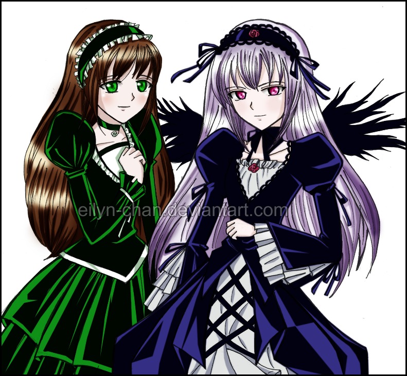 2girls black_wings brown_hair cross-laced_clothes dress frills green_eyes hairband image long_hair long_sleeves looking_at_viewer multiple_girls pink_eyes ribbon silver_hair simple_background solo suigintou white_background wings
