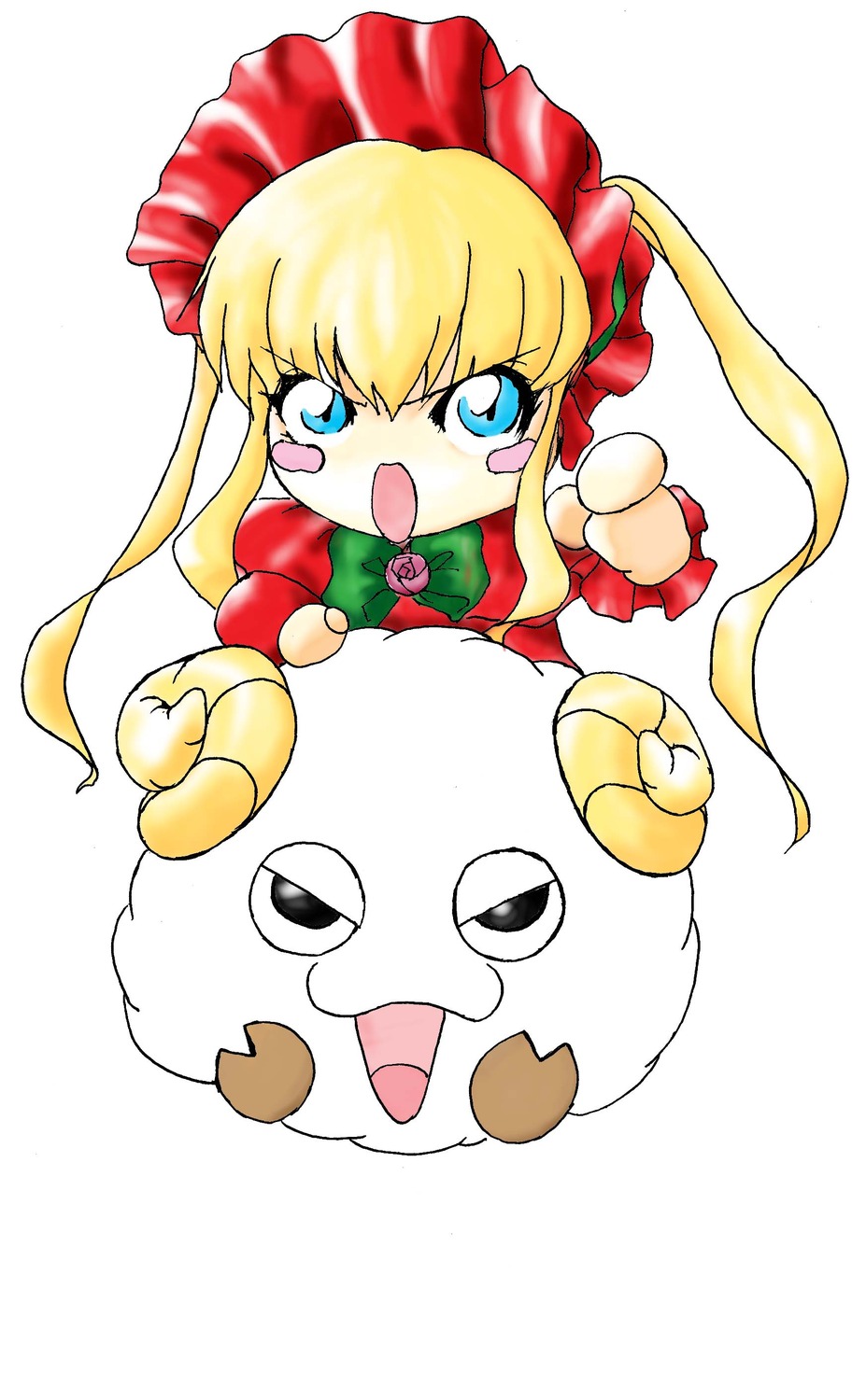 1girl blonde_hair blue_eyes blush_stickers bonnet bow chibi dress image long_hair long_sleeves looking_at_viewer open_mouth red_dress rose shinku sidelocks simple_background solo twintails white_background