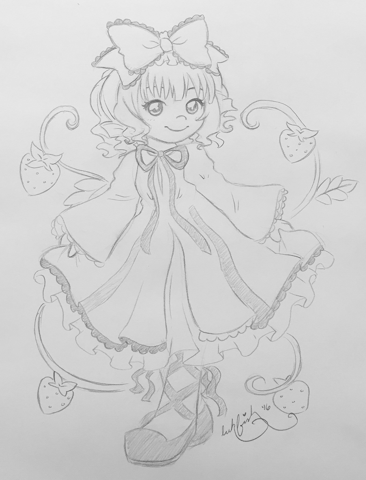 1girl bow cat dress full_body hair_bow hinaichigo image long_sleeves looking_at_viewer monochrome shoes short_hair signature sketch smile solo traditional_media wings