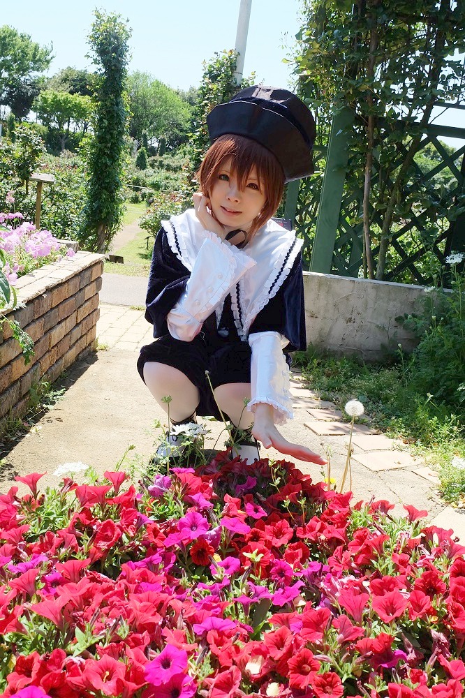 1girl brown_hair day field flower garden hat outdoors plant red_flower solo souseiseki tree