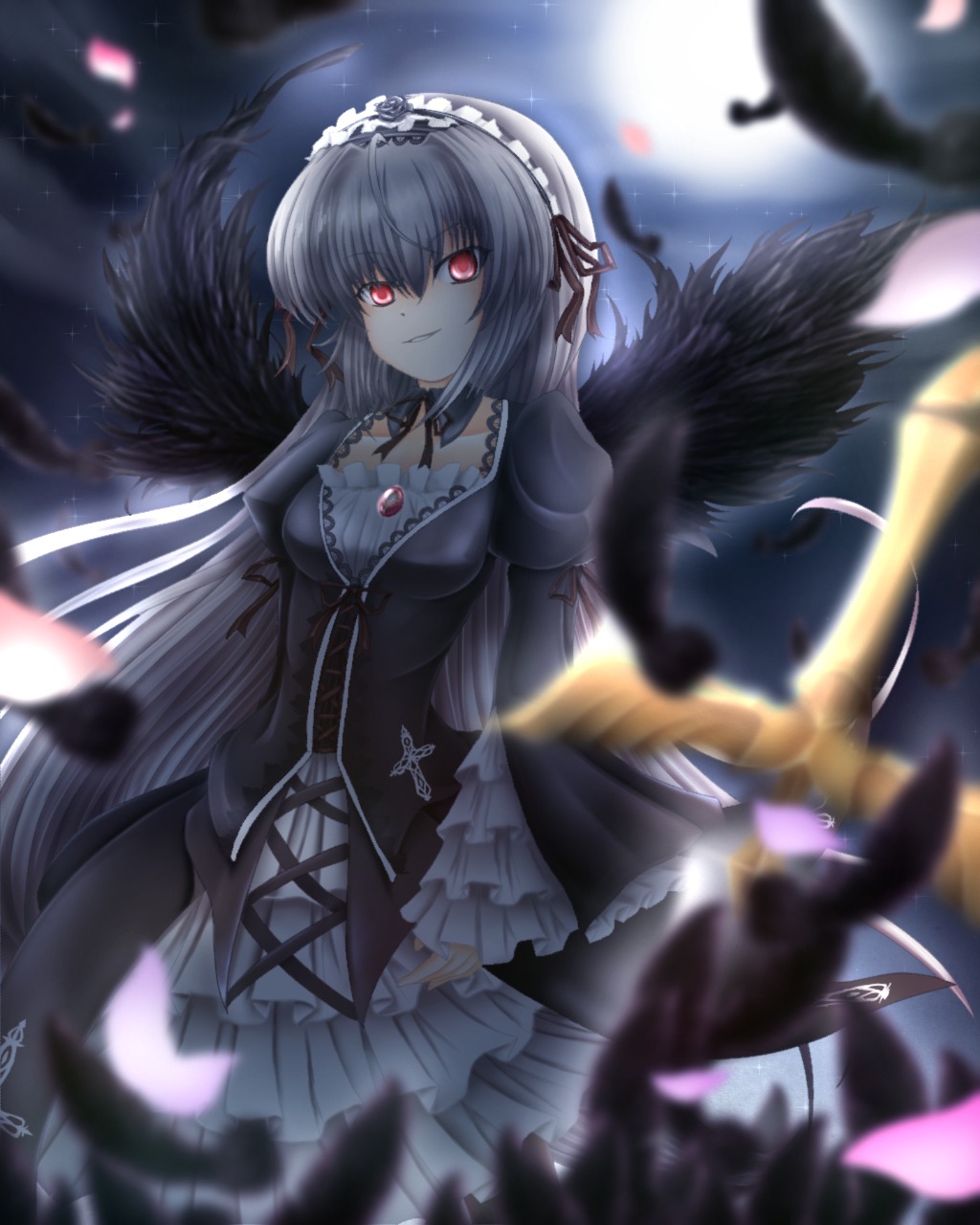 1girl black_wings blurry blurry_background blurry_foreground breasts depth_of_field dress feathers flower frills hairband image lolita_fashion lolita_hairband long_hair long_sleeves looking_at_viewer motion_blur red_eyes smile solo suigintou wings