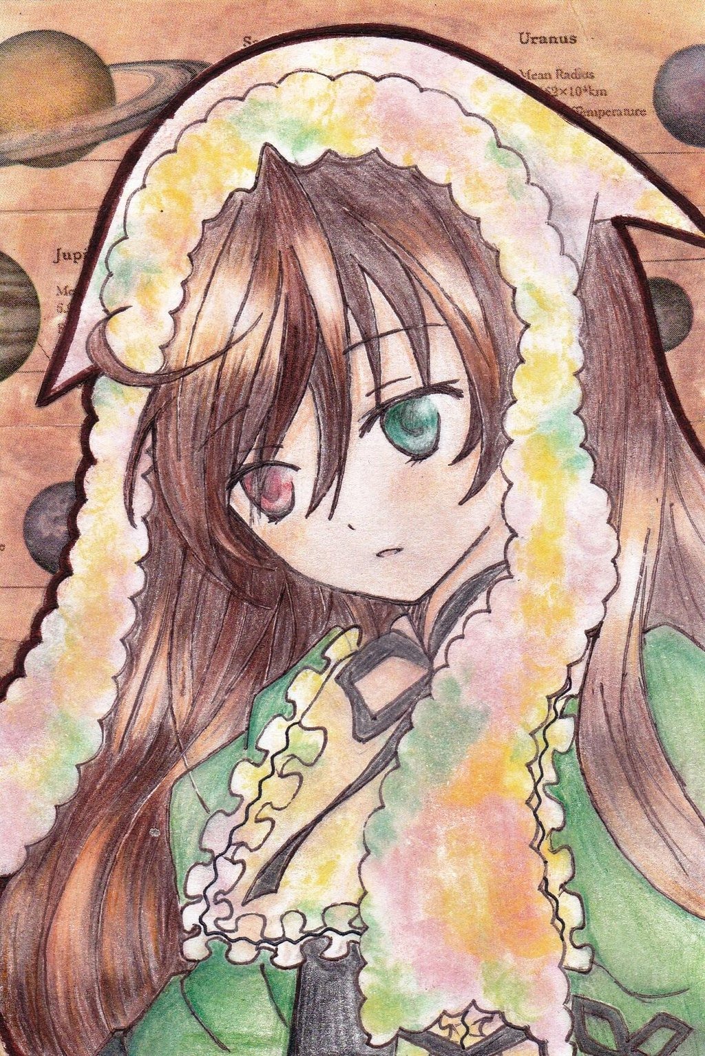 1girl bangs brown_hair closed_mouth eyebrows_visible_through_hair frills green_dress green_eyes heterochromia hood image long_hair looking_at_viewer marker_(medium) red_eyes solo suiseiseki traditional_media upper_body