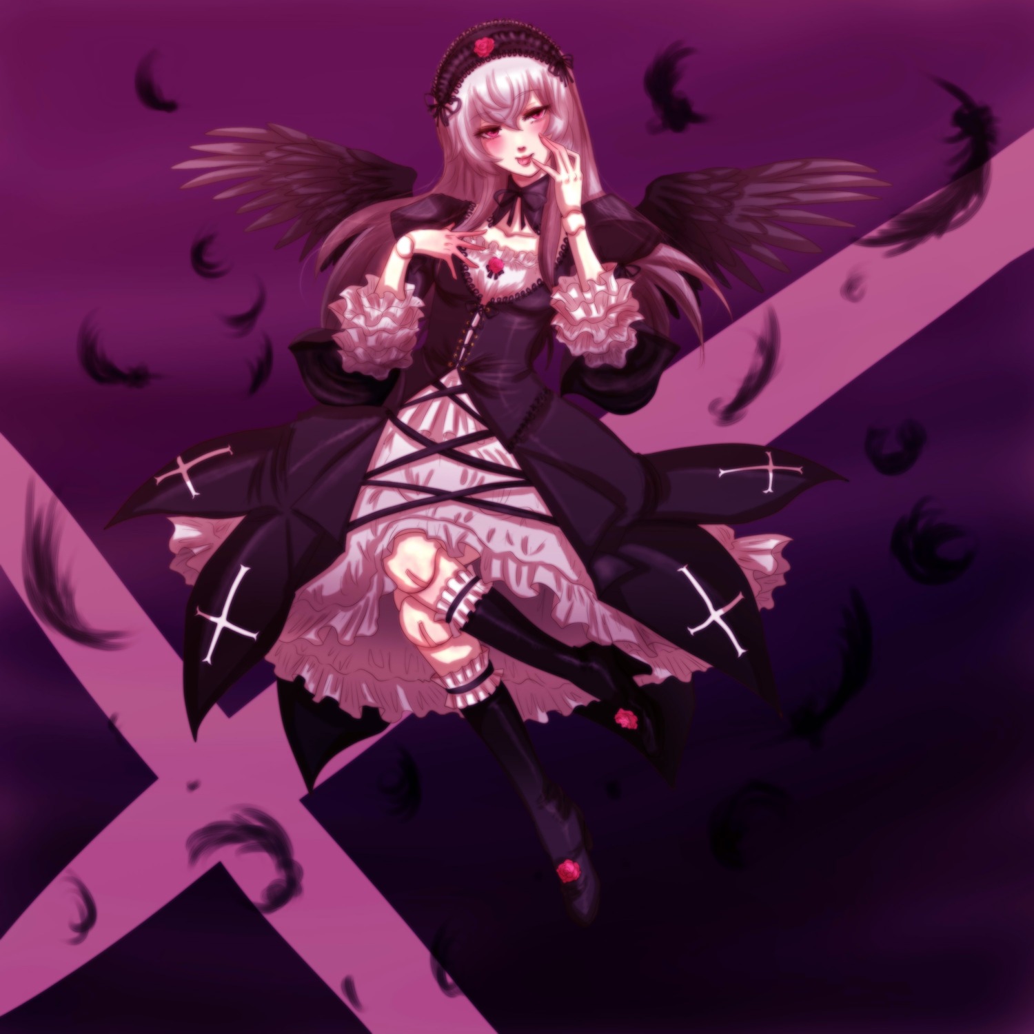 1girl black_feathers black_wings boots doll_joints dress feathered_wings feathers flower frills hairband image joints knee_boots long_hair long_sleeves looking_at_viewer pink_eyes silver_hair solo suigintou white_feathers wings