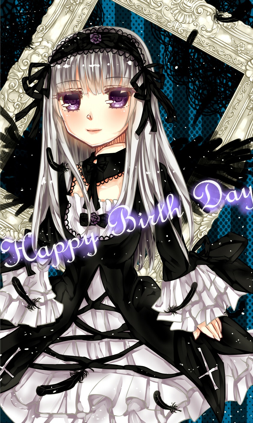 1girl black_ribbon black_wings blush dress flower frills gothic_lolita hairband image lolita_fashion lolita_hairband long_hair long_sleeves looking_at_viewer purple_eyes ribbon rose silver_hair smile solo suigintou wings