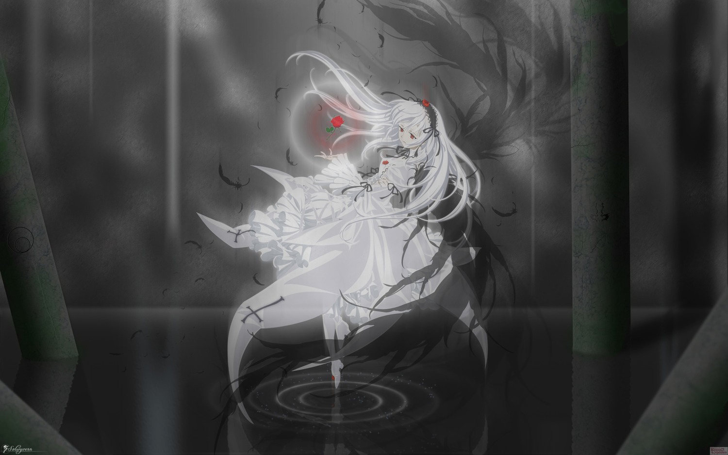 1girl alternate_color artist_name closed_eyes cloud dress floating_hair flower highres image long_hair monochrome rose rozen_maiden signature solo solwyvern spot_color suigintou vector_trace very_long_hair white_dress white_hair