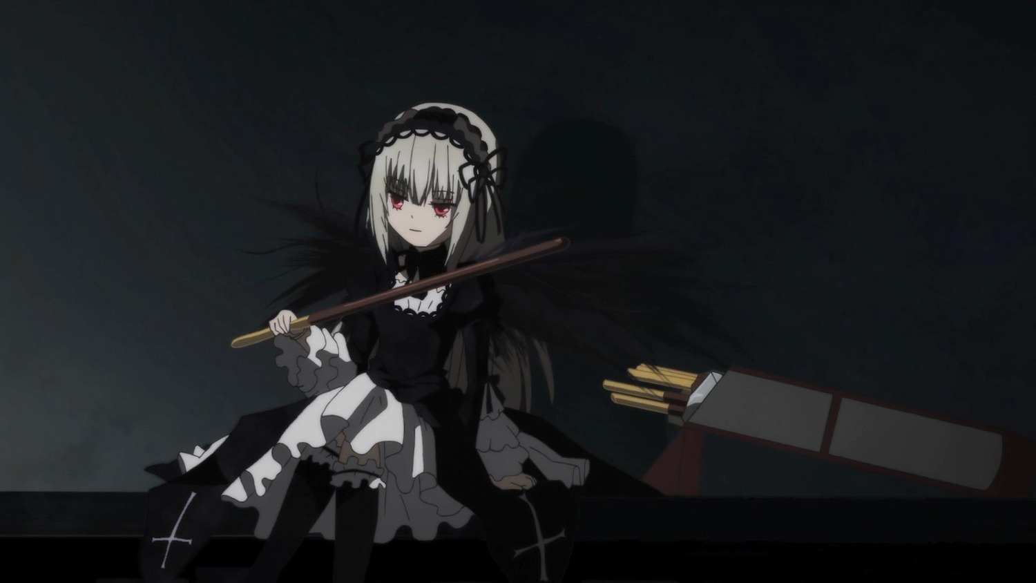 1girl black_background black_dress black_legwear closed_mouth dress frills gothic_lolita hairband holding holding_weapon image lolita_fashion lolita_hairband long_hair long_sleeves looking_at_viewer red_eyes sitting solo suigintou weapon