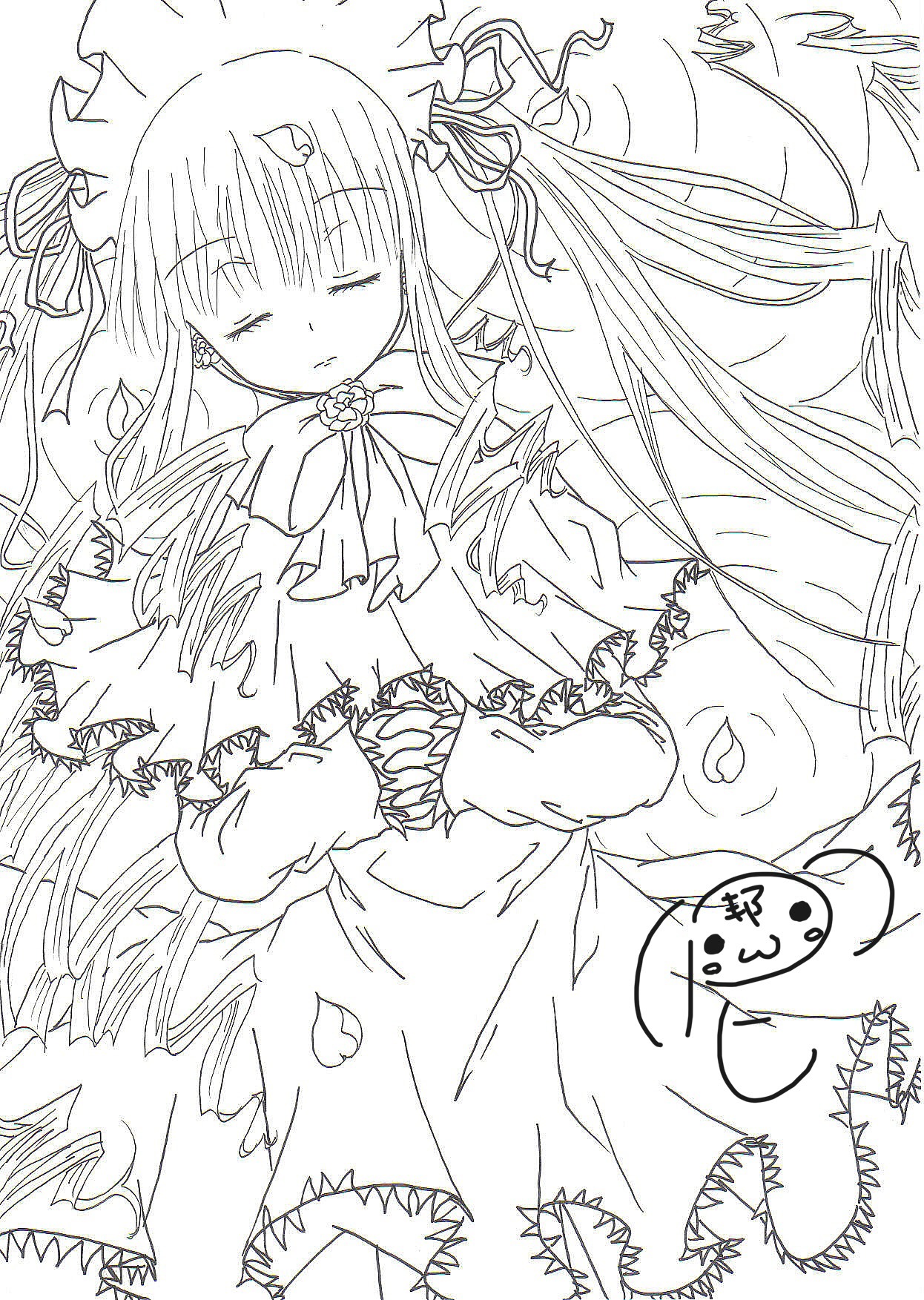 1girl auto_tagged closed_eyes dress drill_hair greyscale image long_hair long_sleeves lying monochrome ribbon shinku sleeping solo torn_clothes twintails very_long_hair