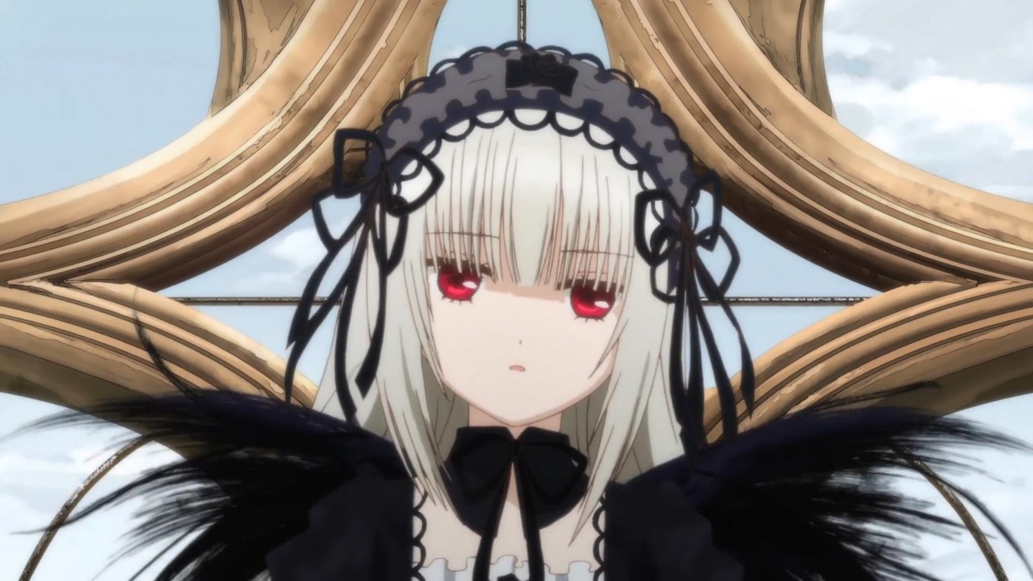 1girl auto_tagged bangs black_dress black_ribbon black_wings detached_collar dress eyebrows_visible_through_hair feathered_wings feathers flower hairband image long_hair looking_at_viewer parted_lips red_eyes ribbon silver_hair solo suigintou wings