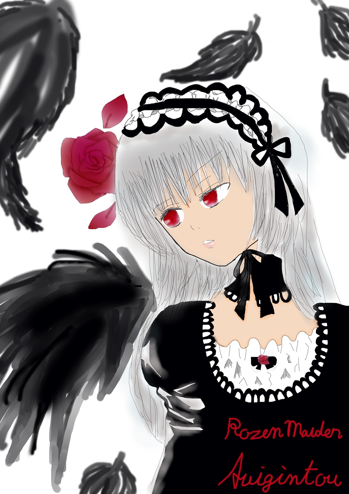 1girl auto_tagged bird black_dress black_feathers black_wings dress feathered_wings feathers flower hairband image lolita_fashion lolita_hairband long_hair long_sleeves red_eyes red_flower red_rose rose silver_hair simple_background solo suigintou upper_body white_background wings