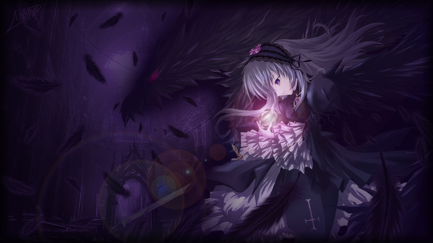 1girl black_wings dress feathers flower frilled_sleeves frills hairband image long_hair long_sleeves rose silver_hair solo suigintou very_long_hair wings