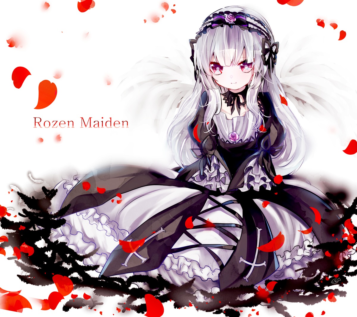 1girl black_dress dress flower frills gothic_lolita hairband image lolita_fashion lolita_hairband long_hair long_sleeves looking_at_viewer petals puffy_sleeves red_eyes red_flower rose rose_petals silver_hair smile solo suigintou very_long_hair