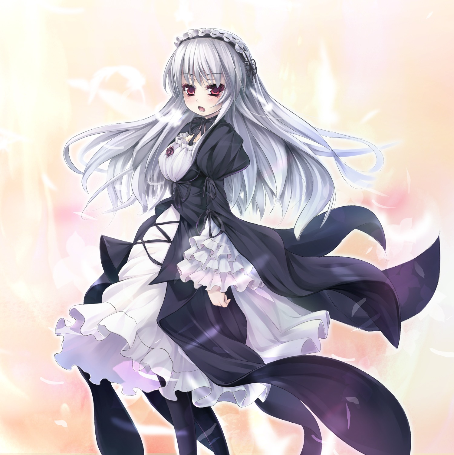 1girl asa_(swallowtail) bangs black_dress black_legwear blush commentary_request dress eyebrows_visible_through_hair feathers frills hairband highres image juliet_sleeves lolita_fashion long_hair long_sleeves looking_at_viewer open_mouth pantyhose photoshop_(medium) puffy_sleeves red_eyes rozen_maiden silver_hair solo suigintou very_long_hair wind