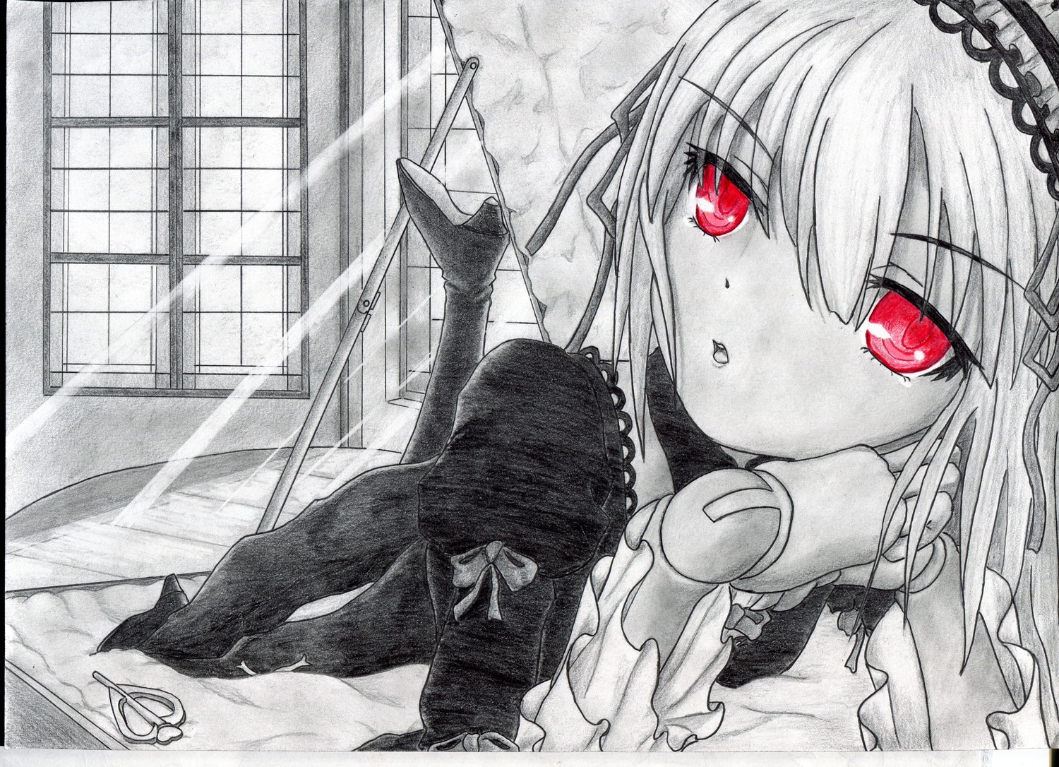 1girl bangs eyebrows_visible_through_hair frills hairband image long_sleeves looking_at_viewer monochrome red_eyes solo spot_color suigintou traditional_media window wings